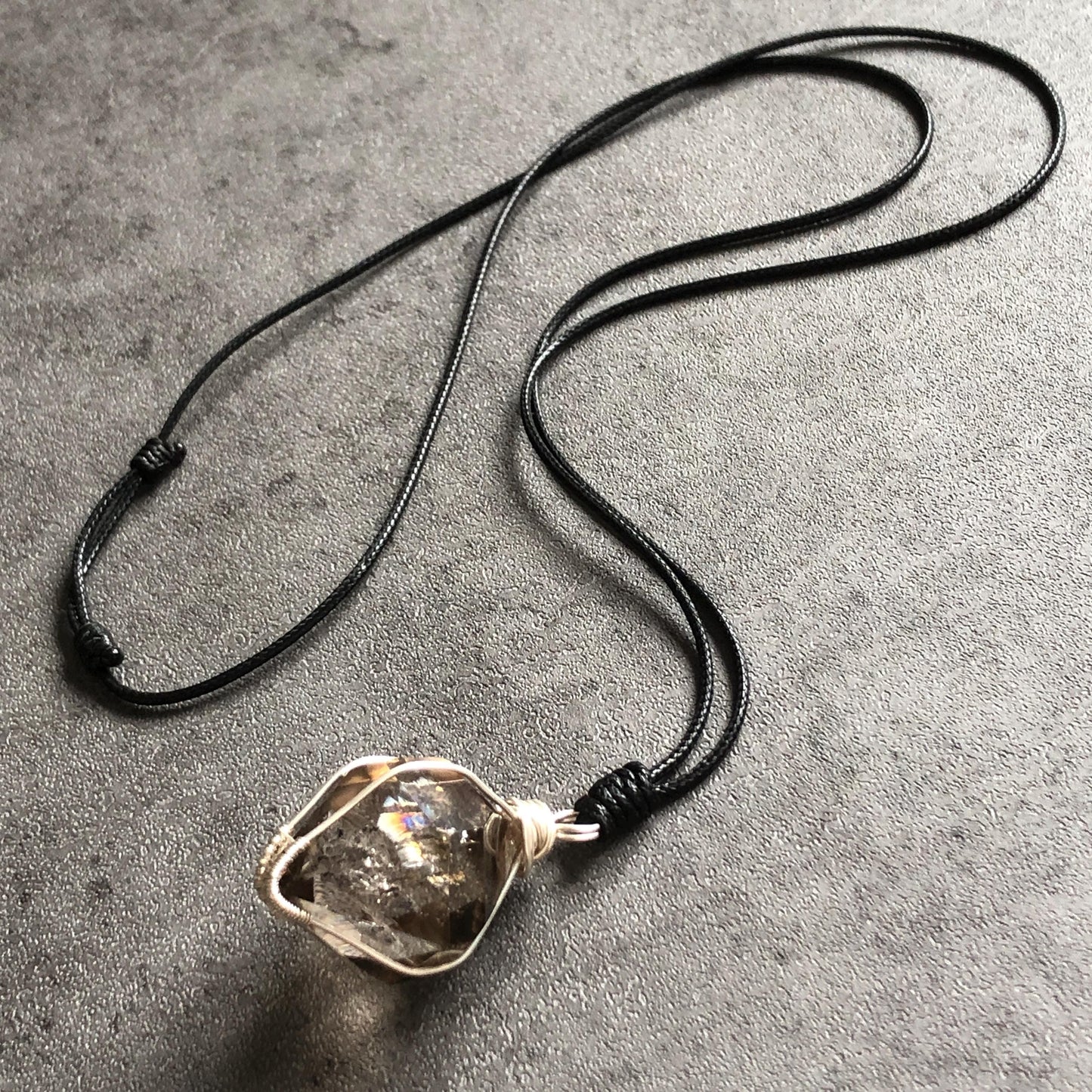 Rare Smoky Herkimer Diamond Sterling Silver Pendant Adjustable Necklace | Polished Enhydro Crystal | Moving Sand & Bubble with Rainbow Stone Gift for her gemstone charm necklace crystal choker healing stone birthstone necklace gift rainbow inclusion black herkimer diamond herkimer quartz