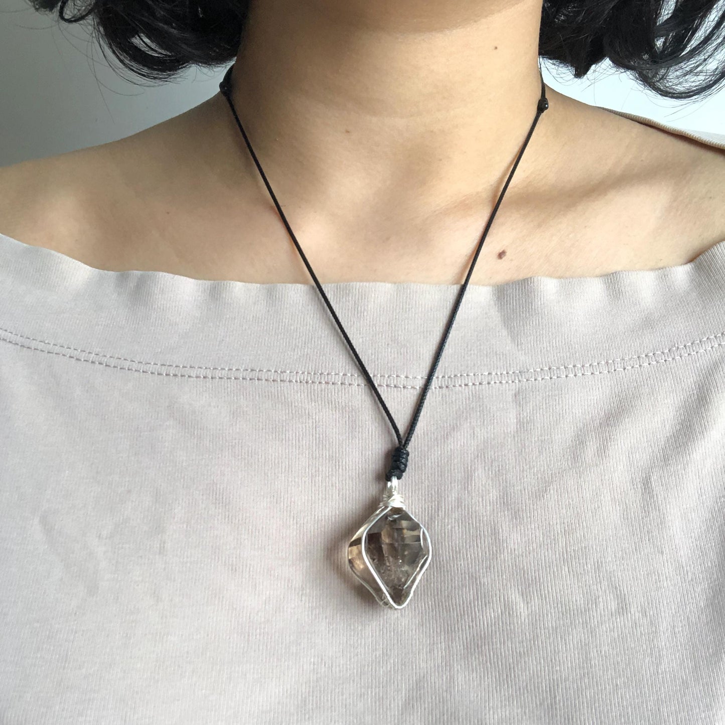 Rare Smoky Herkimer Diamond Sterling Silver Pendant Adjustable Necklace | Polished Enhydro Crystal | Moving Sand & Bubble with Rainbow Stone Gift for her gemstone charm necklace crystal choker healing stone birthstone necklace gift rainbow inclusion black herkimer diamond herkimer quartz