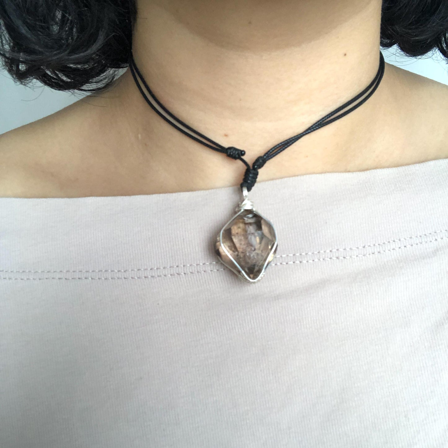 Rare Smoky Herkimer Diamond Sterling Silver Pendant Adjustable Necklace | Polished Enhydro Crystal | Moving Sand & Bubble with Rainbow Stone Gift for her gemstone charm necklace crystal choker healing stone birthstone necklace gift rainbow inclusion black herkimer diamond herkimer quartz