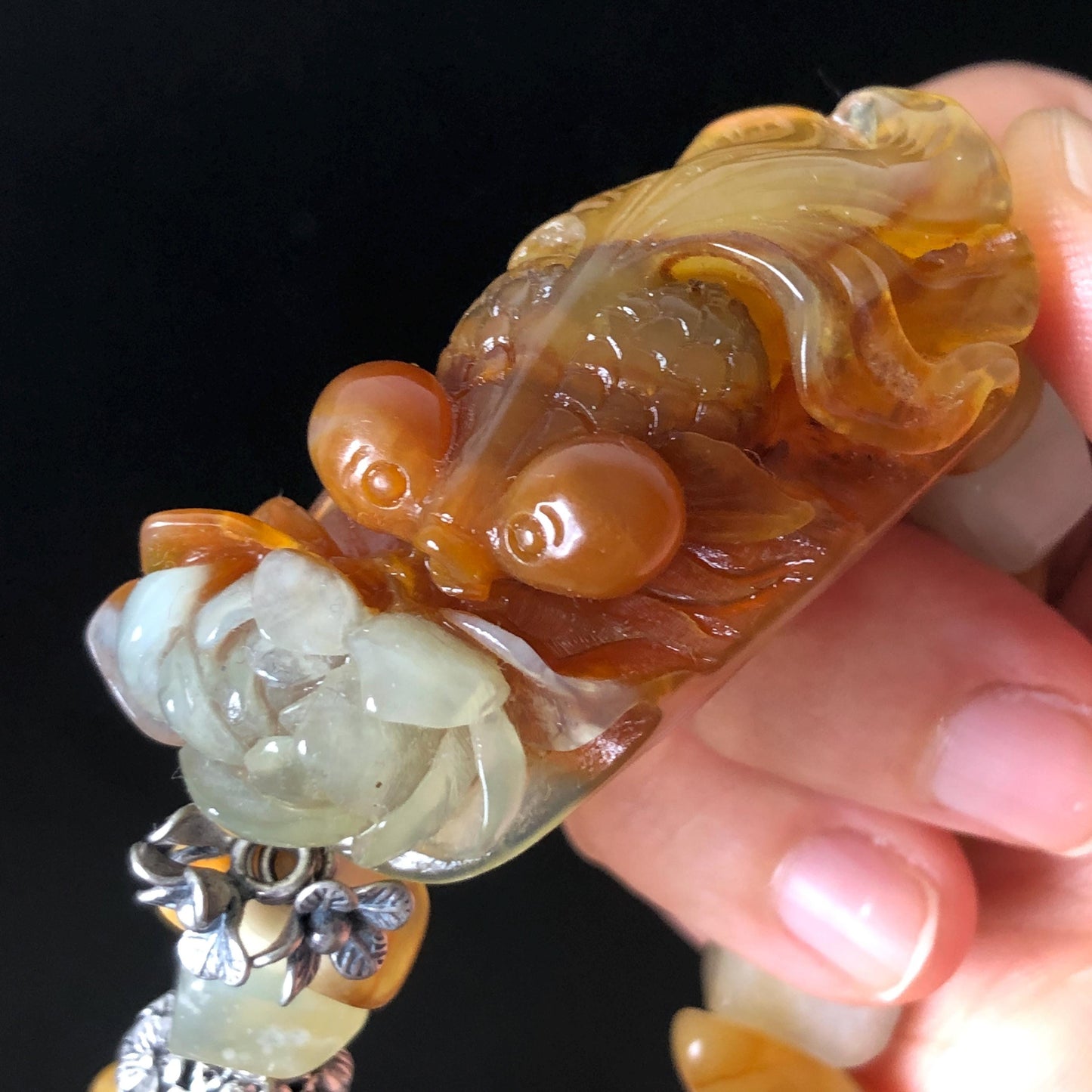 Xiu Jade Serpentine Carved Goldfish Lotus Charm with Irregular Bead Bracelet | Orange Jade | 925 Sterling Silver & Vintage Tibetan Silver accessory hand carved jade carving hand engraved jade bracelet elastic bracelet orange jade bracelet carved goldfish carving engraved lotus carving gift for her duy bracelet natural jade untreated jade dangle bracelet charm bracelet gift for her
