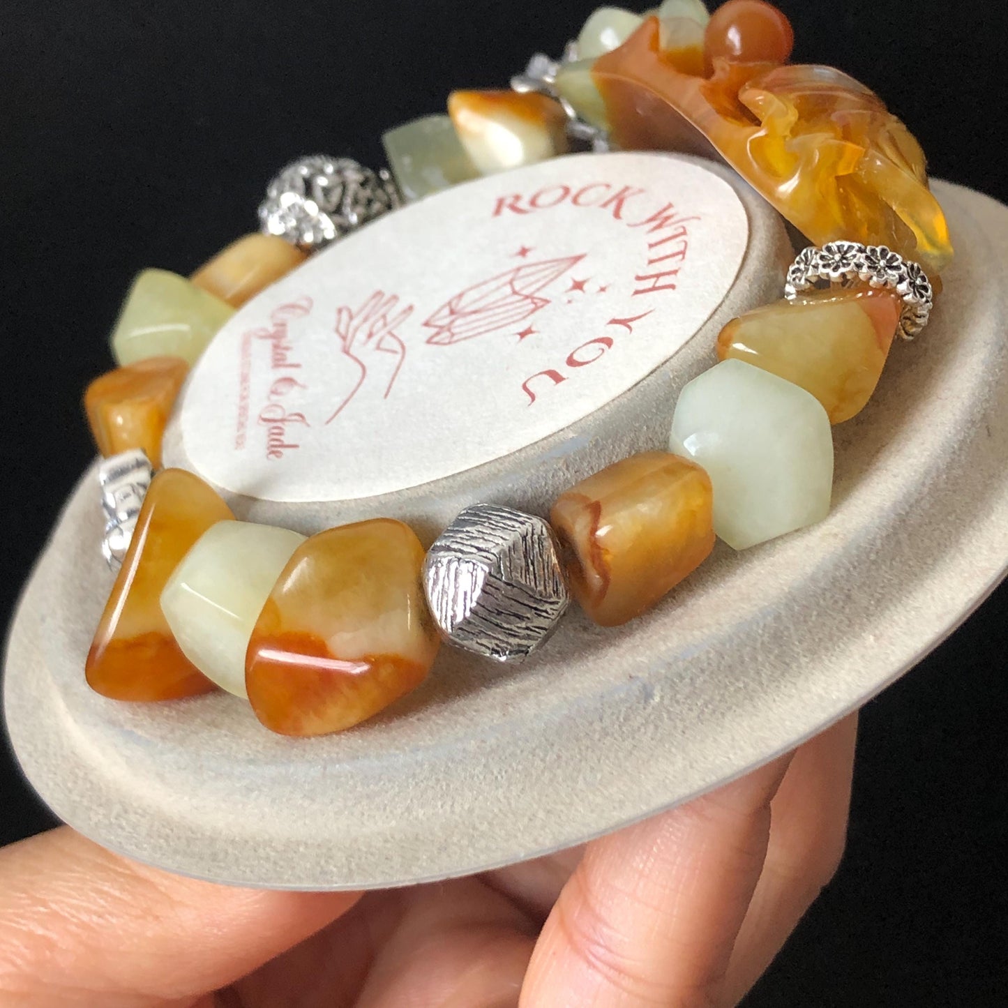 Xiu Jade Serpentine Carved Goldfish Lotus Charm with Irregular Bead Bracelet | Orange Jade | 925 Sterling Silver & Vintage Tibetan Silver accessory hand carved jade carving hand engraved jade bracelet elastic bracelet orange jade bracelet carved goldfish carving engraved lotus carving gift for her duy bracelet natural jade untreated jade dangle bracelet charm bracelet gift for her