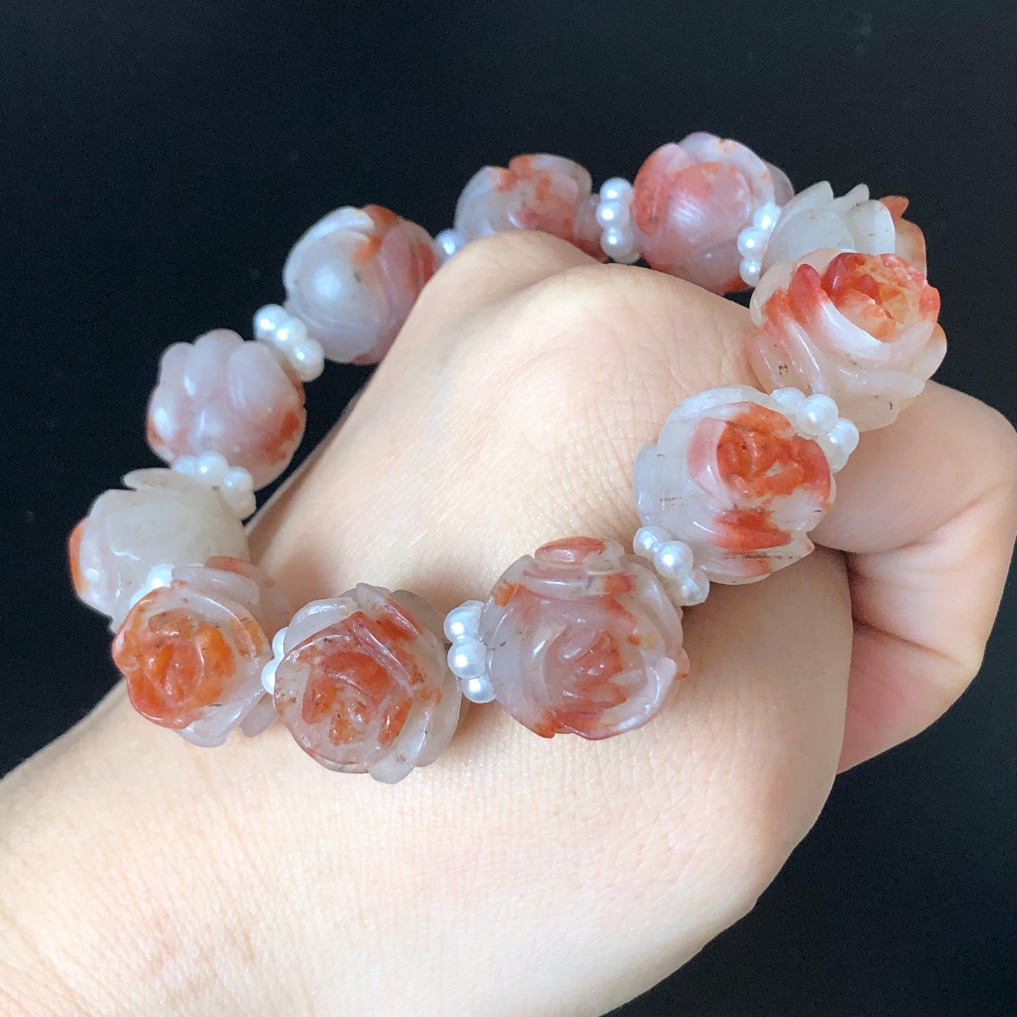 Natural SheTaicui Jade (Quartzite) hand carved icy Red Rose crystal charm Bracelet | Red plum blossom | Personalized Gemstone Gift for her red jade carving rose bracelet flower carving hand engraved jade white jade rose jewelry big bead bracelet diy customised gift natural jade crystal bracelet gemstone bracelet stone bracelet red crystal