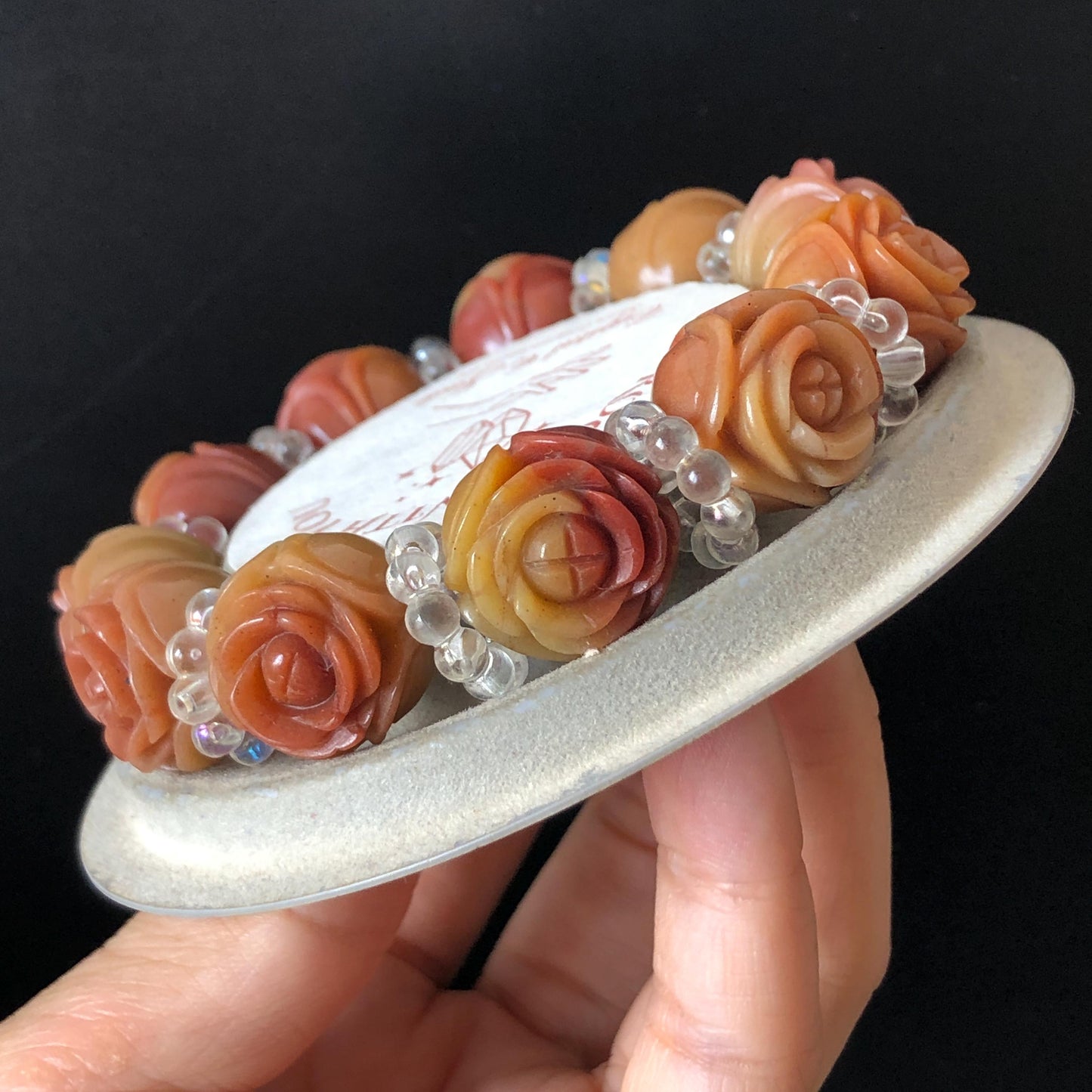 Natural SheTaiCui Jade (Quartzite) Hand Carved Tri-colour Rose Bracelet | Big Bead Red Orange Yellow Jade Charms | Personalized Gift for her red jade orange jade yellow jade carvinghand engraved flower jade hand engraved rose charms jade charms big bead jade bracelet tailor made bracelet customized bracelet natural jade gemstone bracelet big engraved crystal bead bracelet carved stone bracelet mother day gift