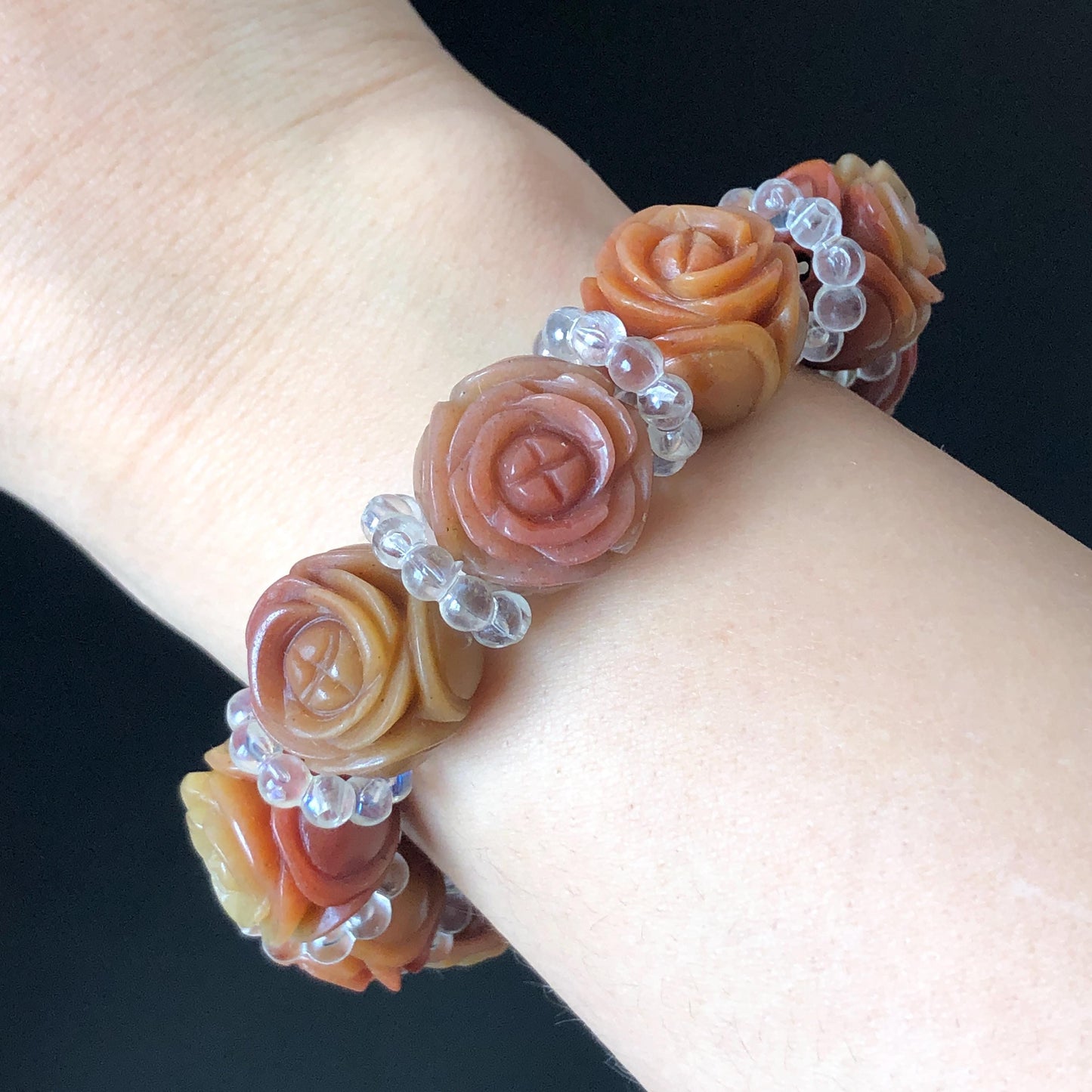 Natural SheTaiCui Jade (Quartzite) Hand Carved Tri-colour Rose Bracelet | Big Bead Red Orange Yellow Jade Charms | Personalized Gift for her red jade orange jade yellow jade carvinghand engraved flower jade hand engraved rose charms jade charms big bead jade bracelet tailor made bracelet customized bracelet natural jade gemstone bracelet big engraved crystal bead bracelet carved stone bracelet mother day gift