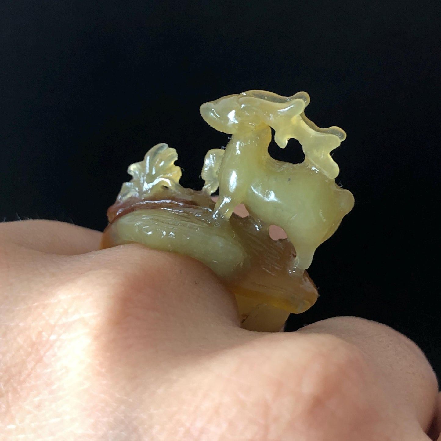 Natural Xiu Jade Serpentine Hand Carved Deer Ring Pendant | 15.6mm (US 5-5.5) | Icy Green Yellow & Brown | Gemstone Statement Ring Gift