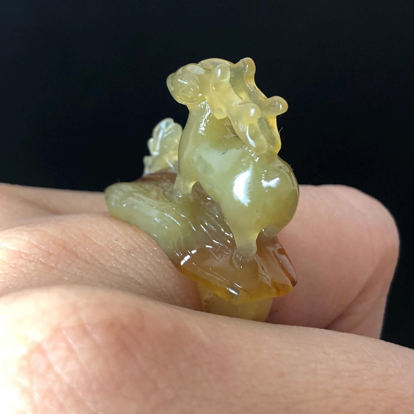 Natural Xiu Jade Serpentine Hand Carved Deer Ring Pendant | 15.6mm (US 5-5.5) | Icy Green Yellow & Brown | Gemstone Statement Ring Gift