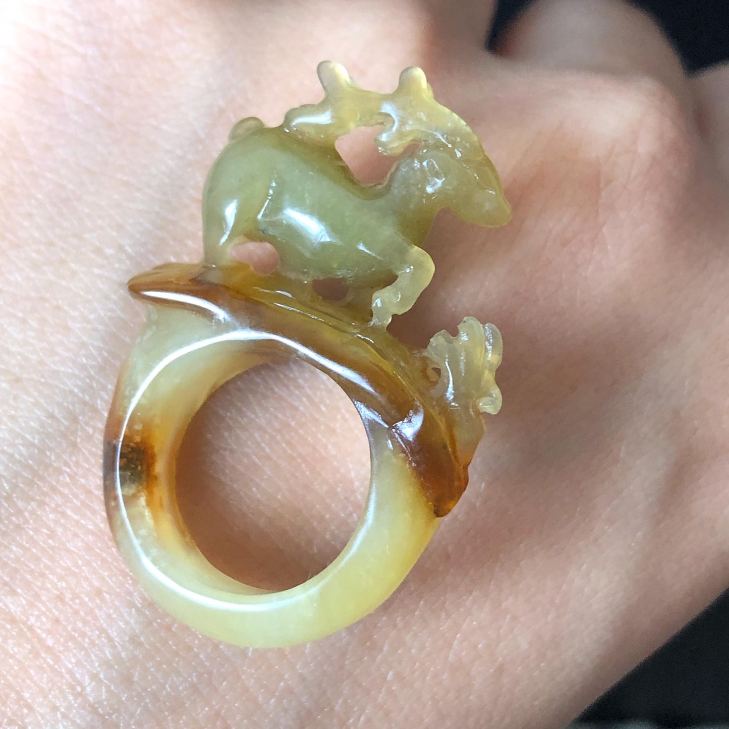 Natural Xiu Jade Serpentine Hand Carved Deer Ring Pendant | 15.6mm (US 5-5.5) | Icy Green Yellow & Brown | Gemstone Statement Ring Gift