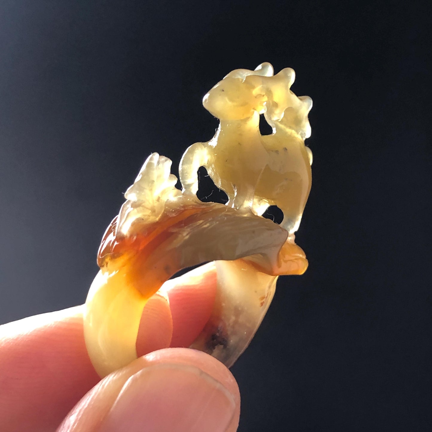 Natural Xiu Jade Serpentine Hand Carved Deer Ring Pendant | 15.6mm (US 5-5.5) | Icy Green Yellow & Brown | Gemstone Statement Ring Gift