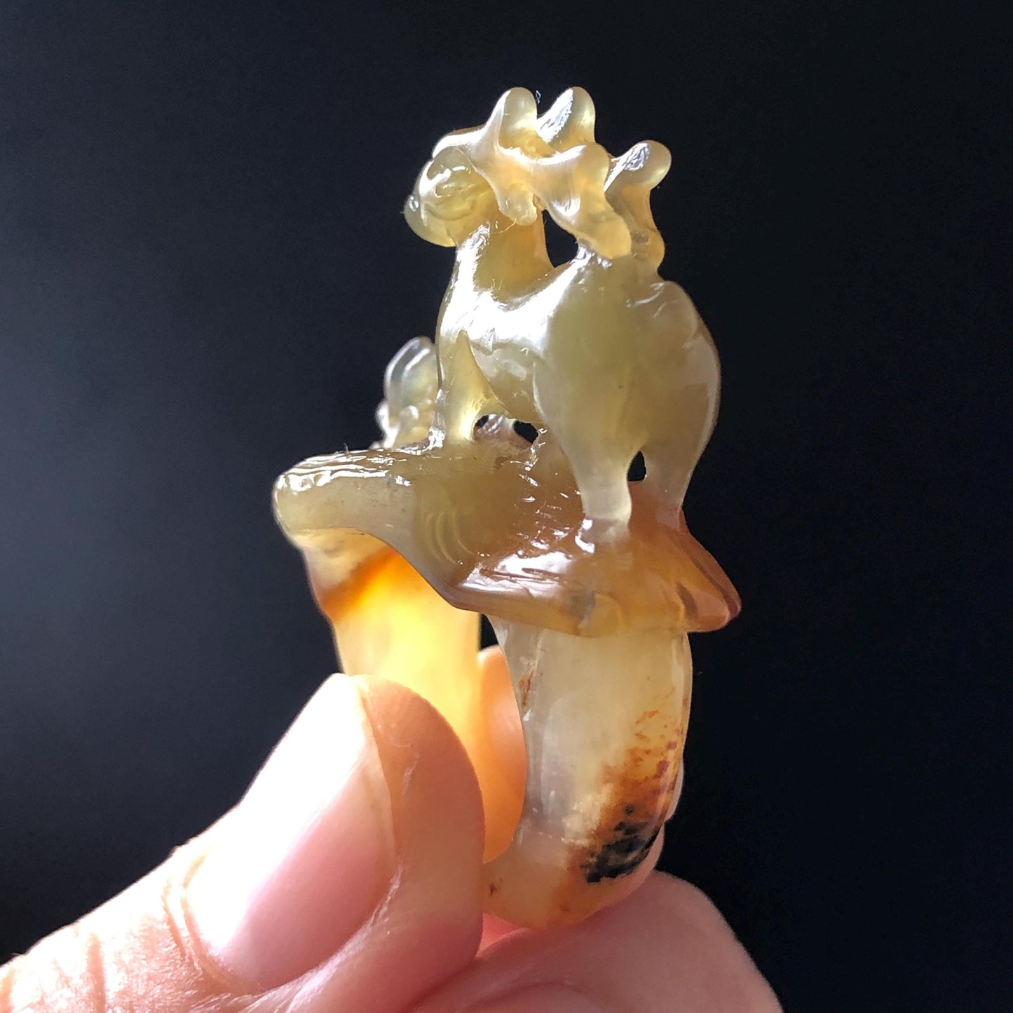 Natural Xiu Jade Serpentine Hand Carved Deer Ring Pendant | 15.6mm (US 5-5.5) | Icy Green Yellow & Brown | Gemstone Statement Ring Gift