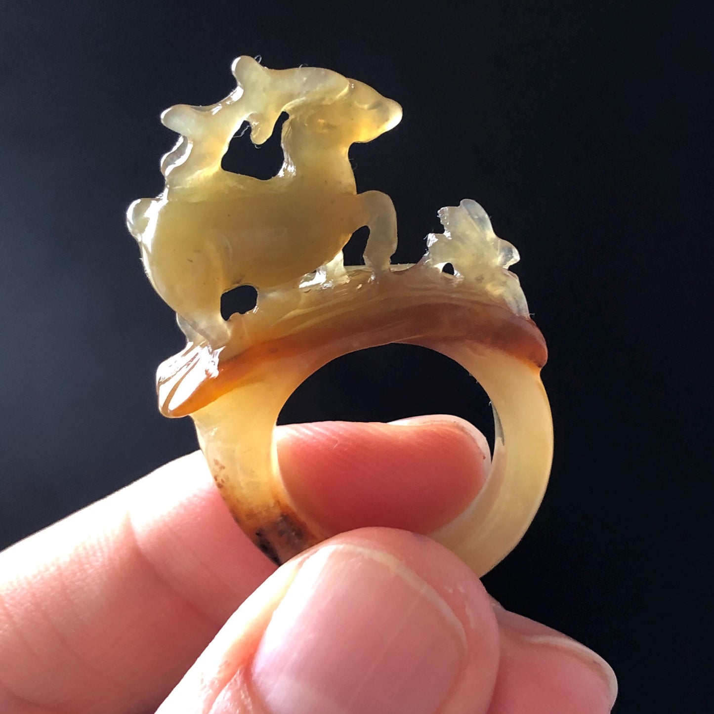 Natural Xiu Jade Serpentine Hand Carved Deer Ring Pendant | 15.6mm (US 5-5.5) | Icy Green Yellow & Brown | Gemstone Statement Ring Gift