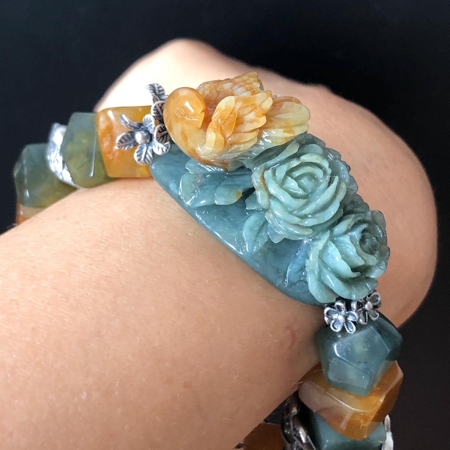 Certificate Xiu Jade Serpentine Hand Carved Bird & Rose Charm Irregular Bead Bracelet | Greenish Blue Yellow Jade | Vintage Tibetan Silver Bracelet Gift for her
Blue Jade Carving Green Jade Bracelet Yellow Jade Jewelry diy bracelet certified natural untreated jade carved rose charm engraved bird charm big bead Chunky Bead Bracelet dangle bracelet