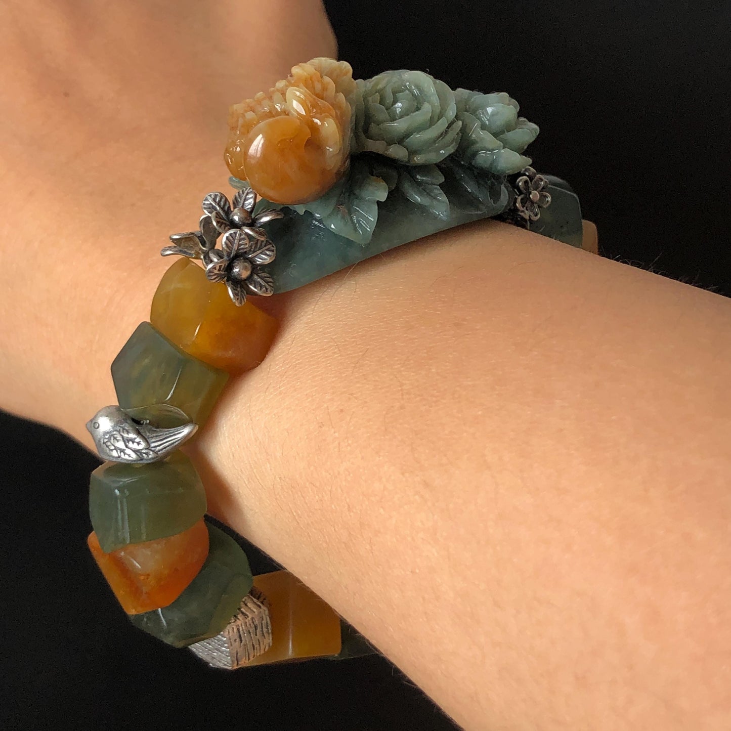 Certificate Xiu Jade Serpentine Hand Carved Bird & Rose Charm Irregular Bead Bracelet | Greenish Blue Yellow Jade | Vintage Tibetan Silver Bracelet Gift for her
Blue Jade Carving Green Jade Bracelet Yellow Jade Jewelry diy bracelet certified natural untreated jade carved rose charm engraved bird charm big bead Chunky Bead Bracelet dangle bracelet