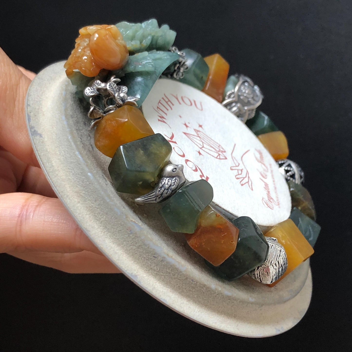 Certificate Xiu Jade Serpentine Hand Carved Bird & Rose Charm Irregular Bead Bracelet | Greenish Blue Yellow Jade | Vintage Tibetan Silver Bracelet Gift for her
Blue Jade Carving Green Jade Bracelet Yellow Jade Jewelry diy bracelet certified natural untreated jade carved rose charm engraved bird charm big bead Chunky Bead Bracelet dangle bracelet