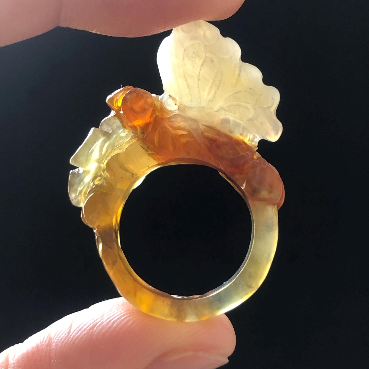 Natural Xiu Jade Serpentine Hand Carved Flower and Butterfly Ring | 17.2mm (US 7) | White, Caramel & Greenish Yellow | Crystal Gemstone Gift