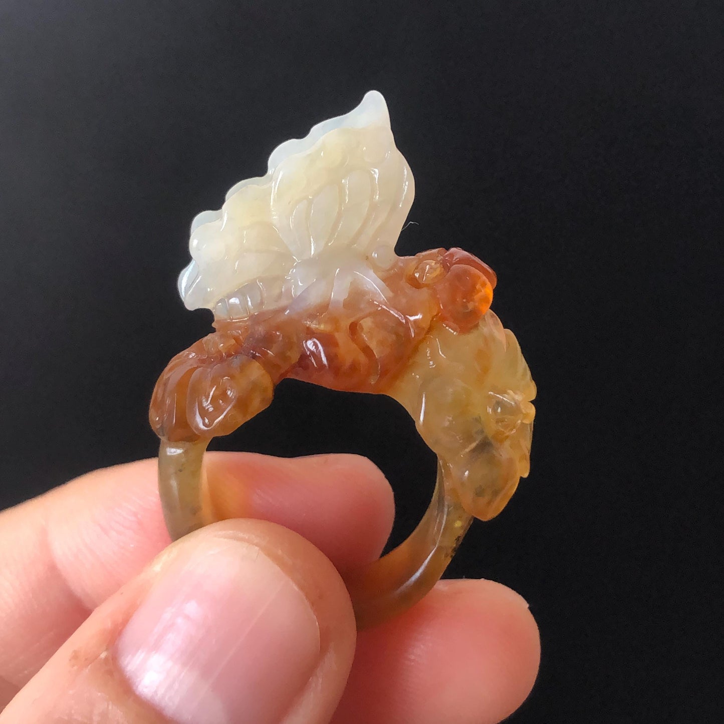 Natural Xiu Jade Serpentine Hand Carved Flower and Butterfly Ring | 17.2mm (US 7) | White, Caramel & Greenish Yellow | Crystal Gemstone Gift