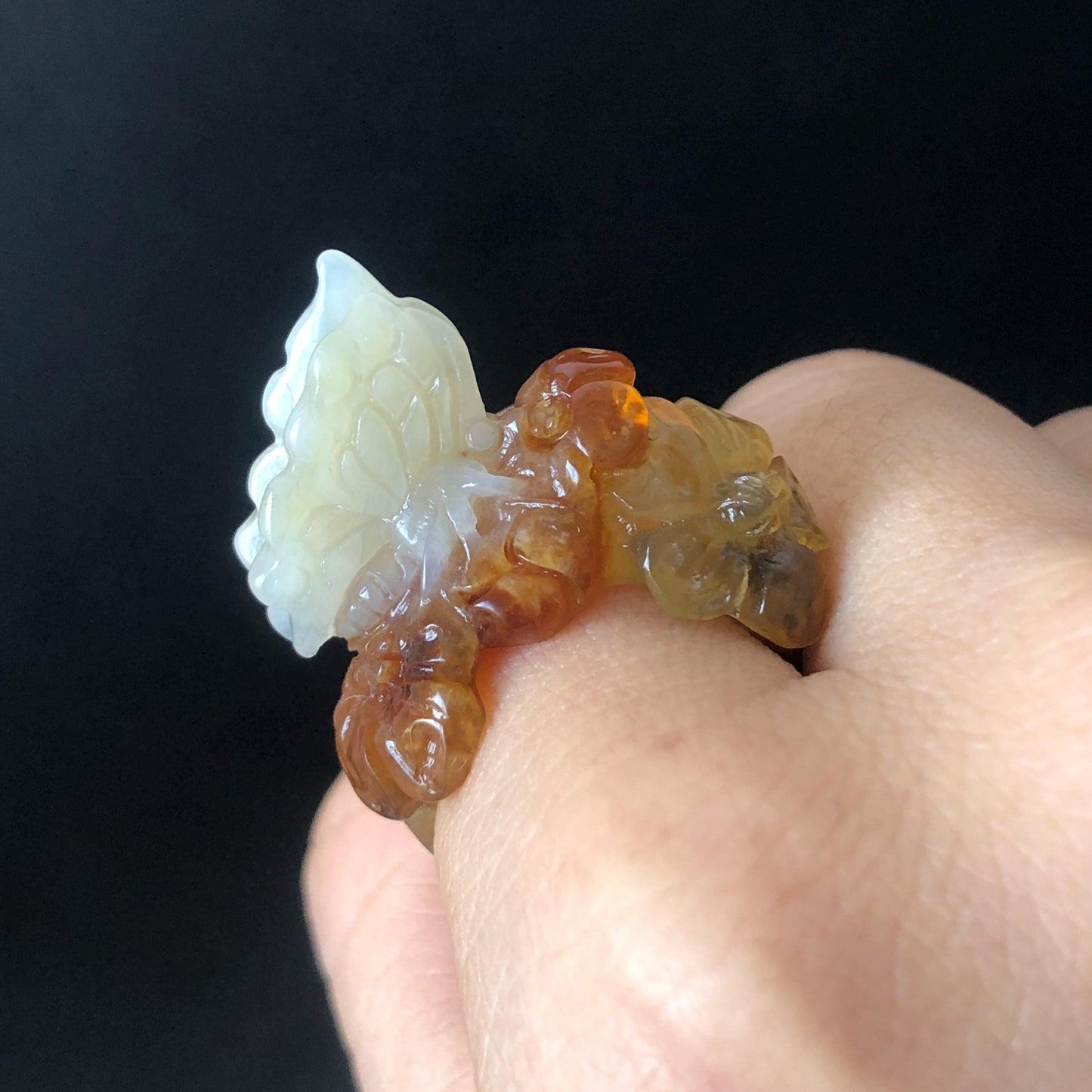 Natural Xiu Jade Serpentine Hand Carved Flower and Butterfly Ring | 17.2mm (US 7) | White, Caramel & Greenish Yellow | Crystal Gemstone Gift