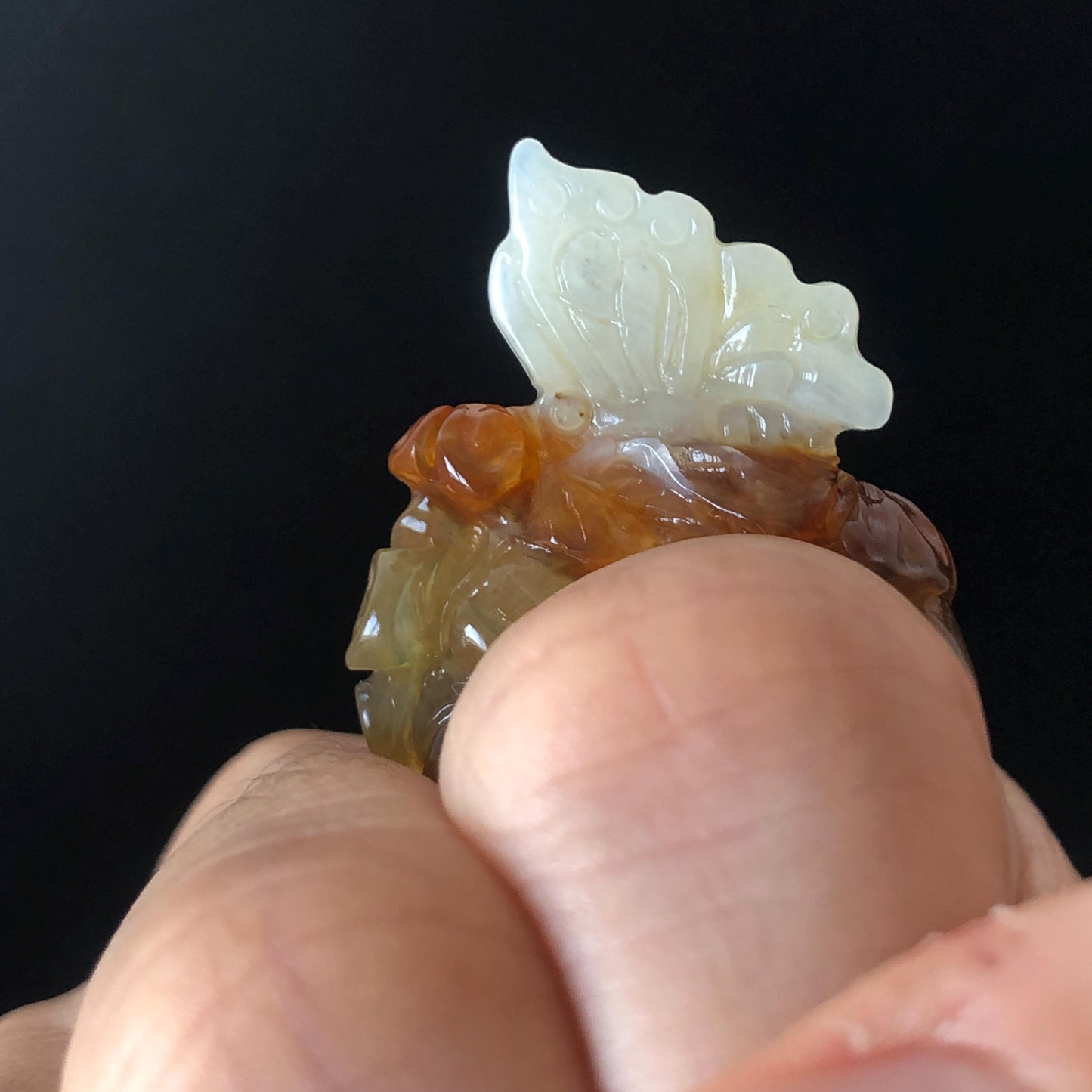 Natural Xiu Jade Serpentine Hand Carved Flower and Butterfly Ring | 17.2mm (US 7) | White, Caramel & Greenish Yellow | Crystal Gemstone Gift
