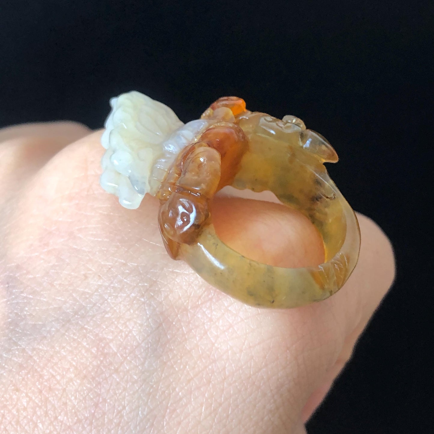 Natural Xiu Jade Serpentine Hand Carved Flower and Butterfly Ring | 17.2mm (US 7) | White, Caramel & Greenish Yellow | Crystal Gemstone Gift
