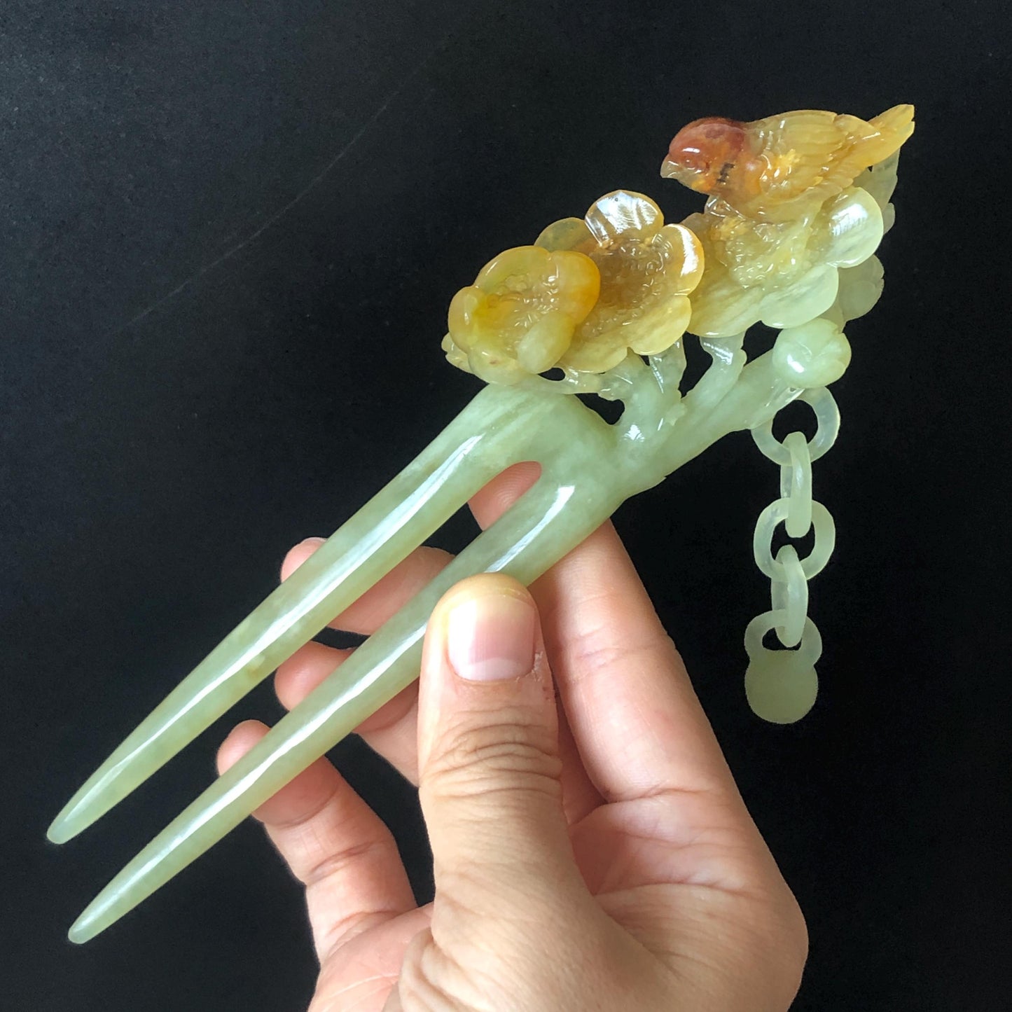 Certified Xiu Jade Serpentine Hand Carved Bird and Flowers Dangle Hair Pin | Green, Yellow, Red Jade Hair Stick | Asian Chinese Vintage Gift for her, red jade hairpin, green jade hair stick, yellow jade hair fork, chinese hairpin, korean hair stick, japanese hair pin, vinatge hair comb, bridal hair clip, bird lover gift, hand carved flower, hand engraved bird, dangle hair pin, flower carving, bird carving, red jade untreated jade natural jade with certificate