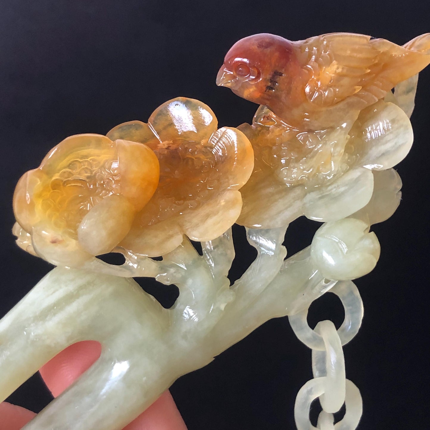 Certified Xiu Jade Serpentine Hand Carved Bird and Flowers Dangle Hair Pin | Green, Yellow, Red Jade Hair Stick | Asian Chinese Vintage Gift for her, red jade hairpin, green jade hair stick, yellow jade hair fork, chinese hairpin, korean hair stick, japanese hair pin, vinatge hair comb, bridal hair clip, bird lover gift, hand carved flower, hand engraved bird, dangle hair pin, flower carving, bird carving, red jade untreated jade natural jade with certificate