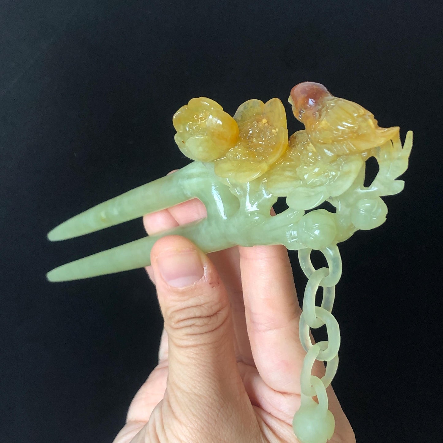 Certified Xiu Jade Serpentine Hand Carved Bird and Flowers Dangle Hair Pin | Green, Yellow, Red Jade Hair Stick | Asian Chinese Vintage Gift for her, red jade hairpin, green jade hair stick, yellow jade hair fork, chinese hairpin, korean hair stick, japanese hair pin, vinatge hair comb, bridal hair clip, bird lover gift, hand carved flower, hand engraved bird, dangle hair pin, flower carving, bird carving, red jade untreated jade natural jade with certificate