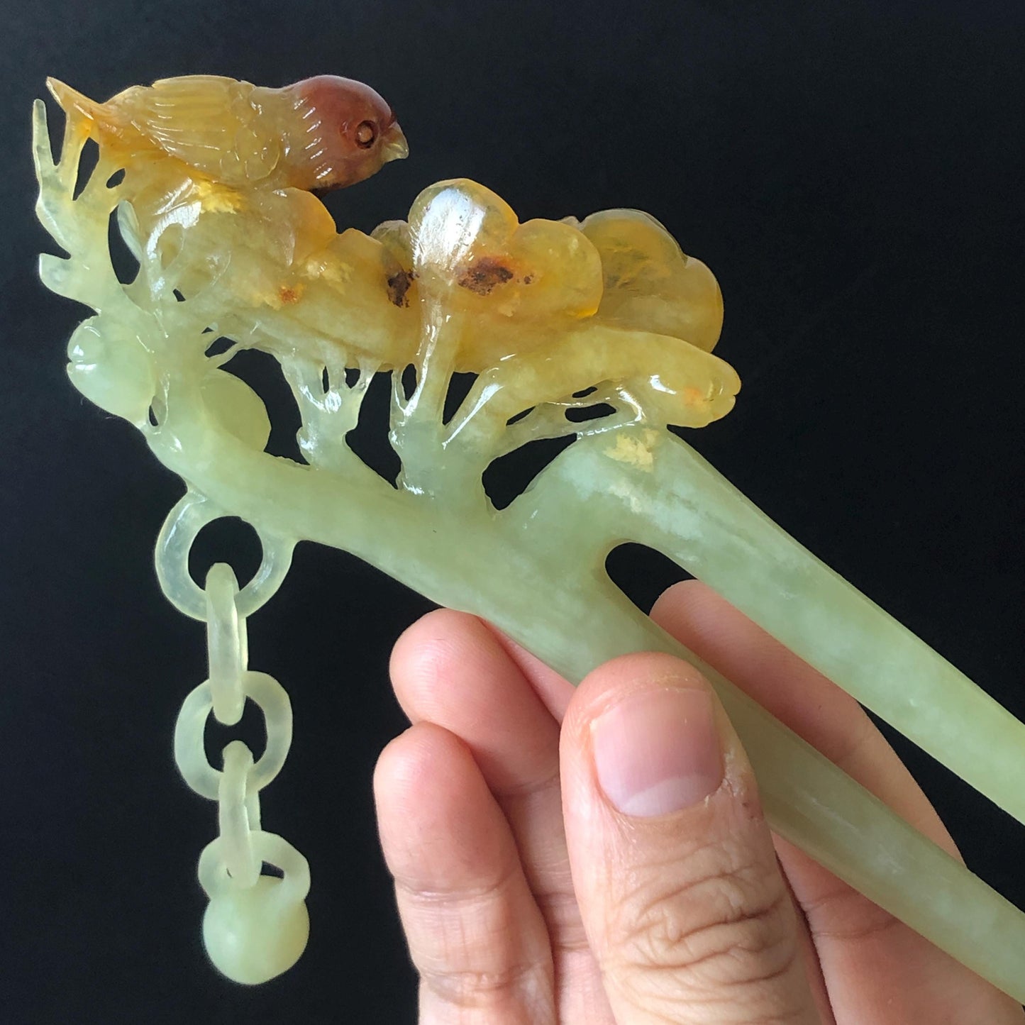 Certified Xiu Jade Serpentine Hand Carved Bird and Flowers Dangle Hair Pin | Green, Yellow, Red Jade Hair Stick | Asian Chinese Vintage Gift for her, red jade hairpin, green jade hair stick, yellow jade hair fork, chinese hairpin, korean hair stick, japanese hair pin, vinatge hair comb, bridal hair clip, bird lover gift, hand carved flower, hand engraved bird, dangle hair pin, flower carving, bird carving, red jade untreated jade natural jade with certificate