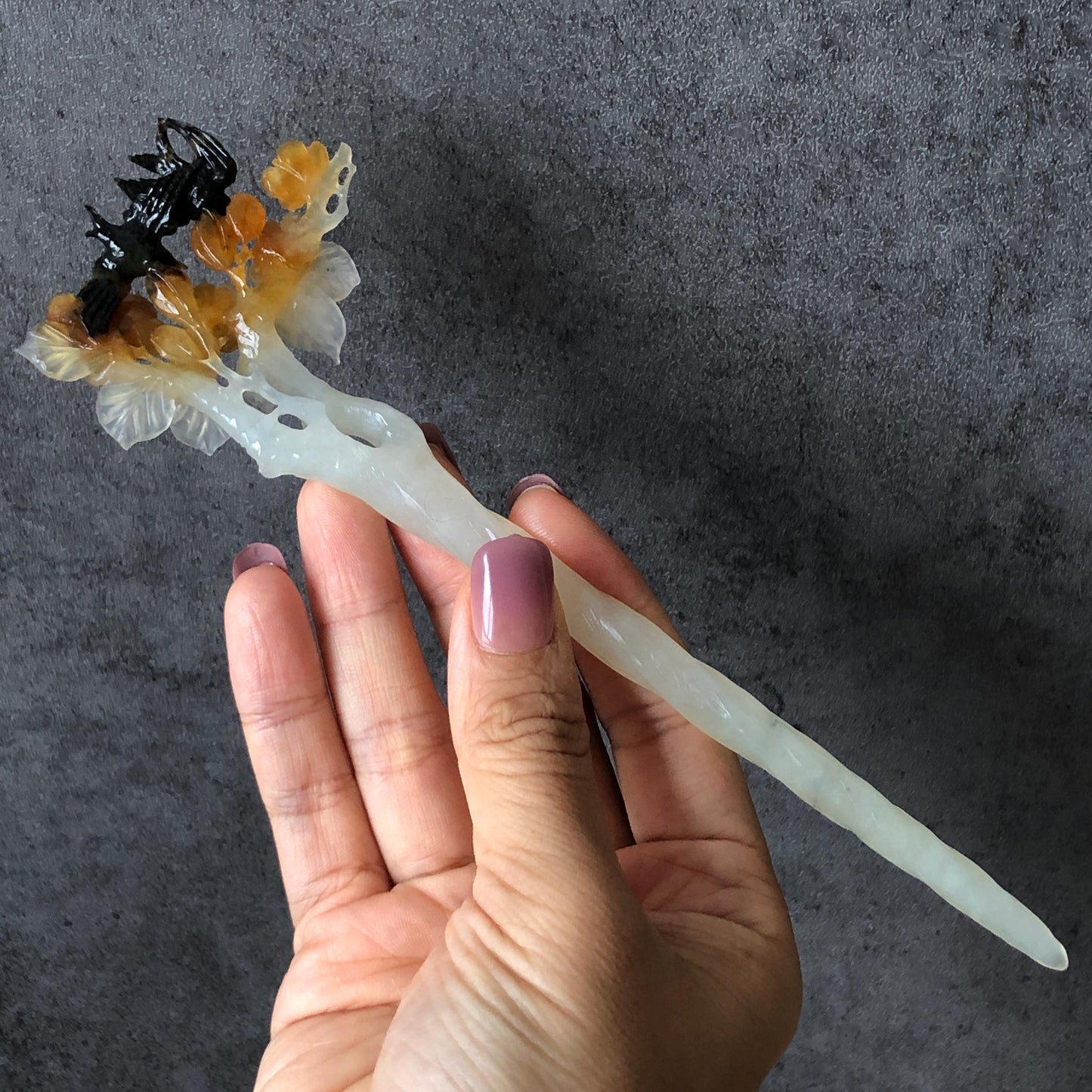 Certified Xiu Jade Serpentine Hand Carved Swallow Bird & Flowers Hair Pin | Black Yellow White Jade Hair Stick | Asian Chinese Vintage Gift for her, white jade carving yellow jade black jade bird carving flower carving hand carved flower hand engraved bird certificate jade certified natural untreated jade korean hairpin japanese hair stick chinese hair comb vinatge hair fork bridal hair clip wedding hair pin engagement hair stick