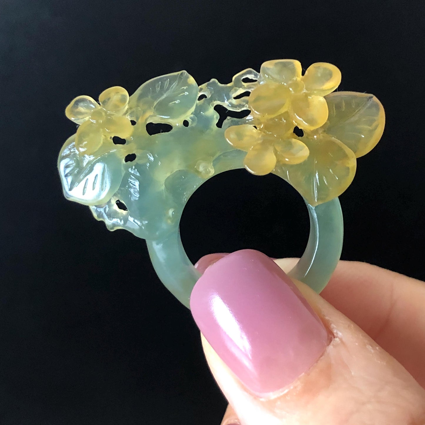 Natural Xiu Jade Serpentine Hand Carved Osmanthus fragrans Flower Ring | 17.2mm (US 7-7.5) | Icy Green Yellow Jade | 3D Gemstone Ring Gift for her yellow jade green jade carving hand carved flower ring hand engraved flower ring icy jade natural untreated jade 3D carving chinese jade ring