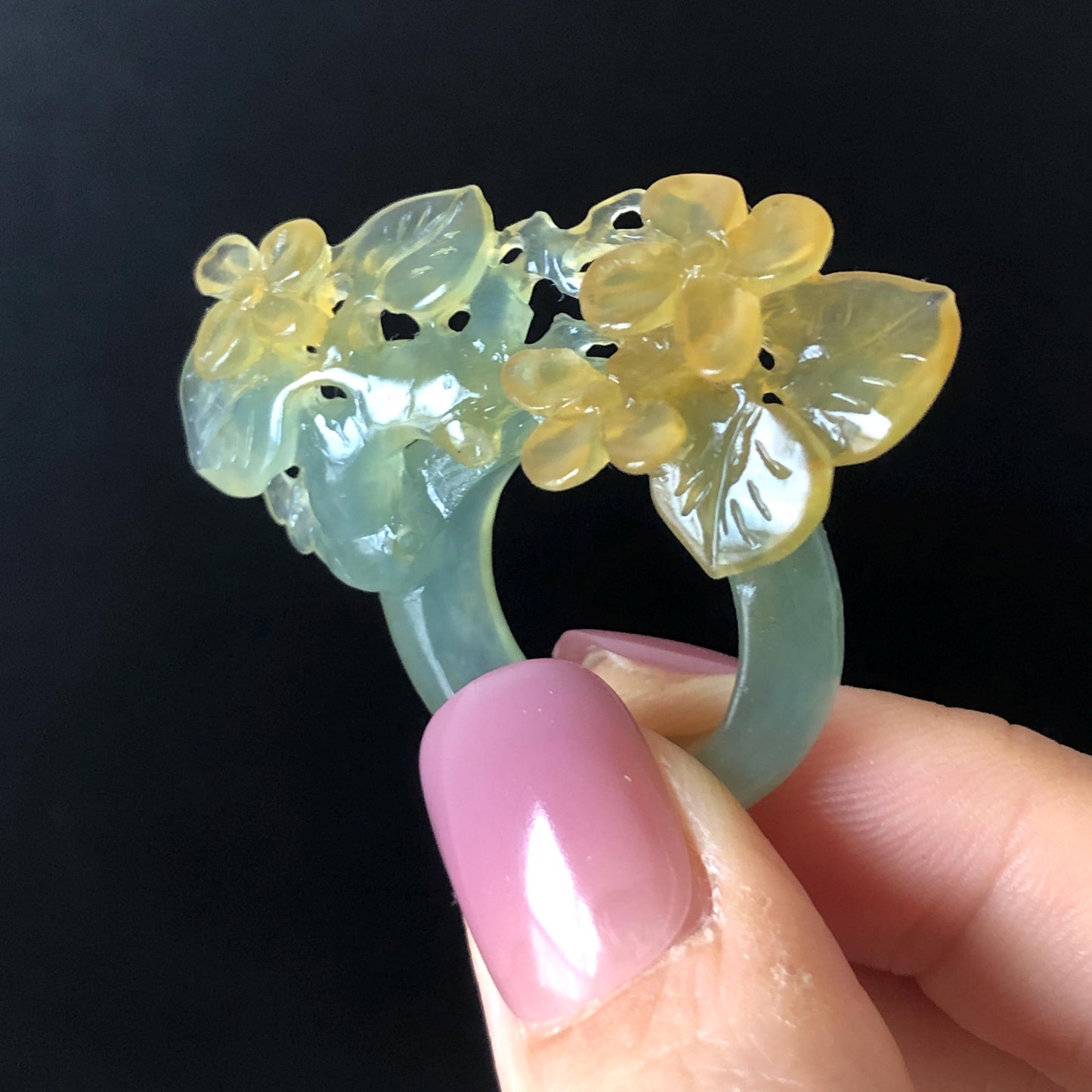 Natural Xiu Jade Serpentine Hand Carved Osmanthus fragrans Flower Ring | 17.2mm (US 7-7.5) | Icy Green Yellow Jade | 3D Gemstone Ring Gift for her yellow jade green jade carving hand carved flower ring hand engraved flower ring icy jade natural untreated jade 3D carving chinese jade ring