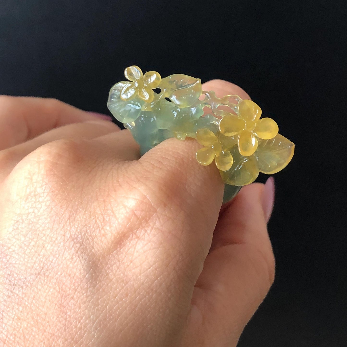 Natural Xiu Jade Serpentine Hand Carved Osmanthus fragrans Flower Ring | 17.2mm (US 7-7.5) | Icy Green Yellow Jade | 3D Gemstone Ring Gift for her yellow jade green jade carving hand carved flower ring hand engraved flower ring icy jade natural untreated jade 3D carving chinese jade ring