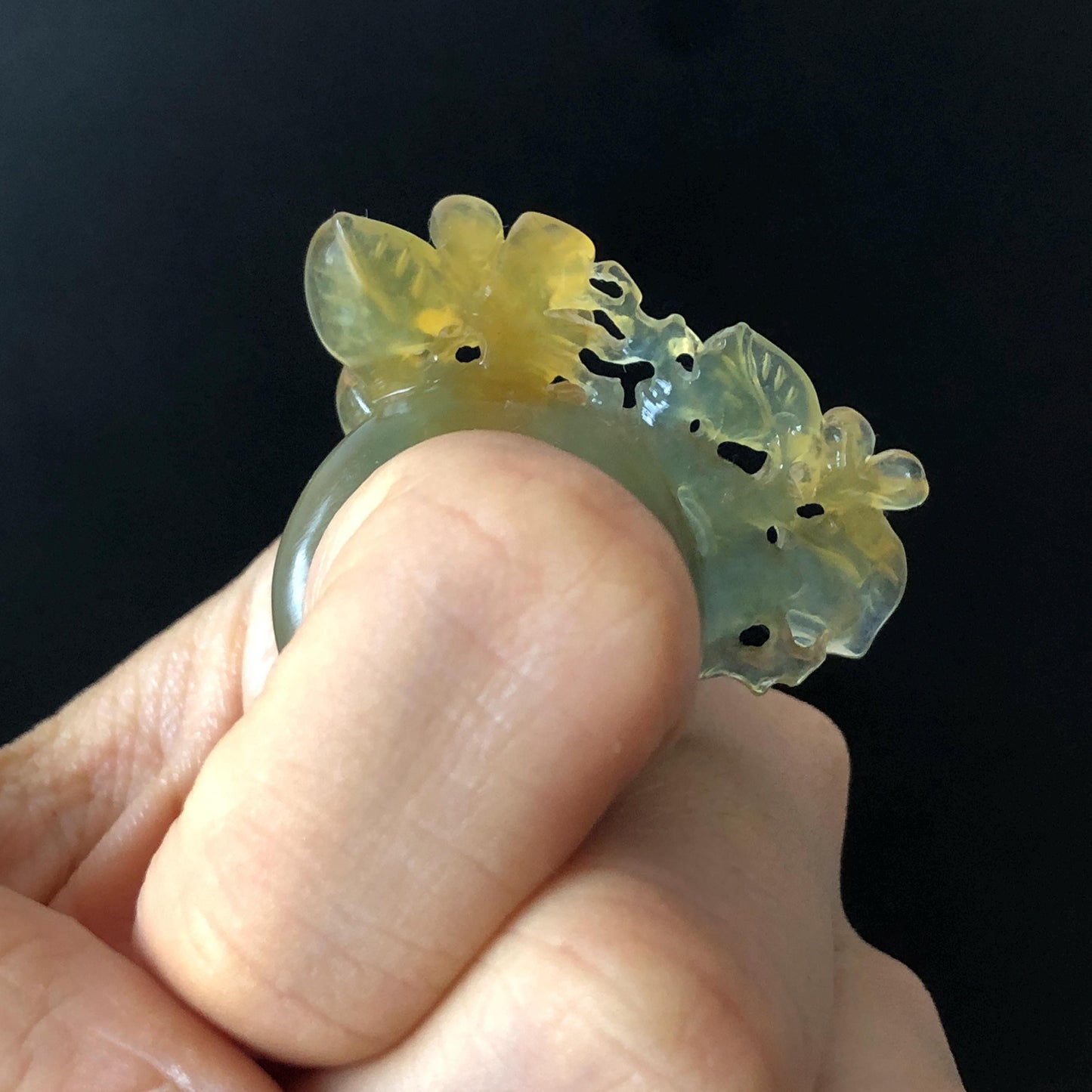 Natural Xiu Jade Serpentine Hand Carved Osmanthus fragrans Flower Ring | 17.2mm (US 7-7.5) | Icy Green Yellow Jade | 3D Gemstone Ring Gift for her yellow jade green jade carving hand carved flower ring hand engraved flower ring icy jade natural untreated jade 3D carving chinese jade ring