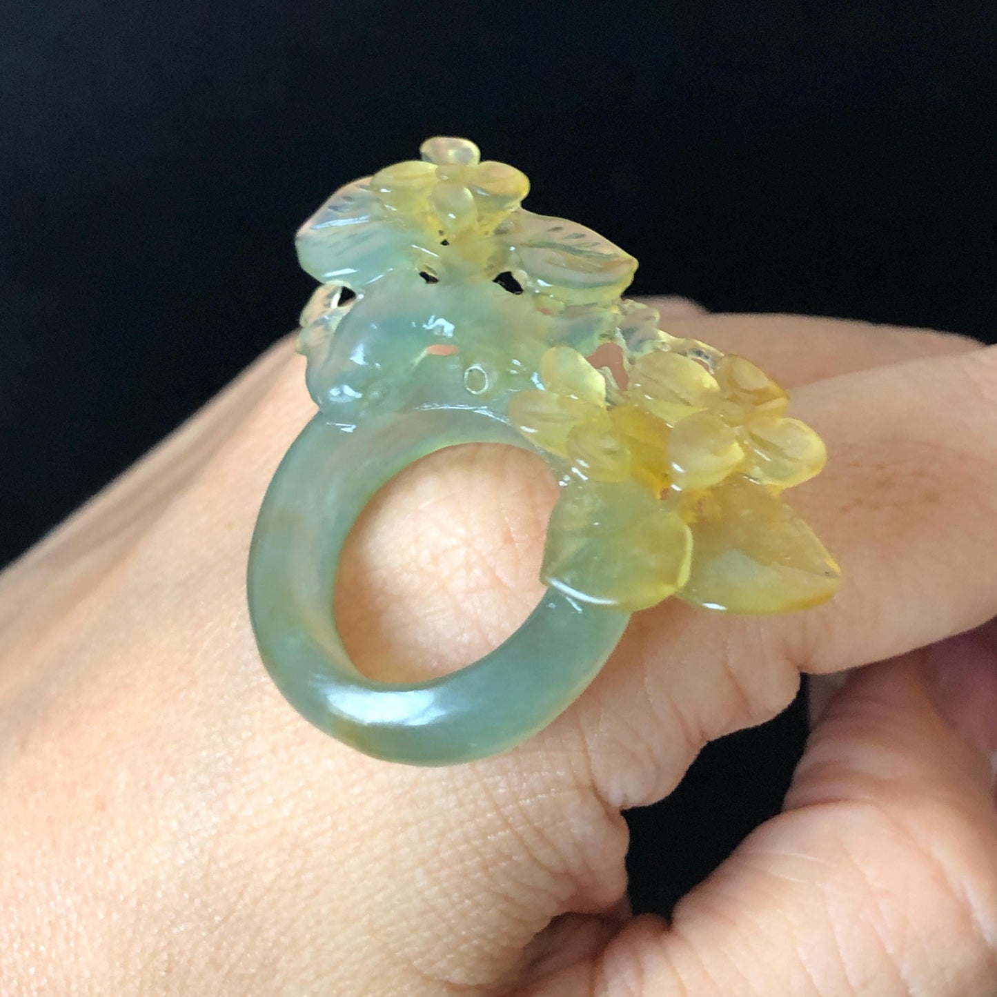 Natural Xiu Jade Serpentine Hand Carved Osmanthus fragrans Flower Ring | 17.2mm (US 7-7.5) | Icy Green Yellow Jade | 3D Gemstone Ring Gift for her yellow jade green jade carving hand carved flower ring hand engraved flower ring icy jade natural untreated jade 3D carving chinese jade ring