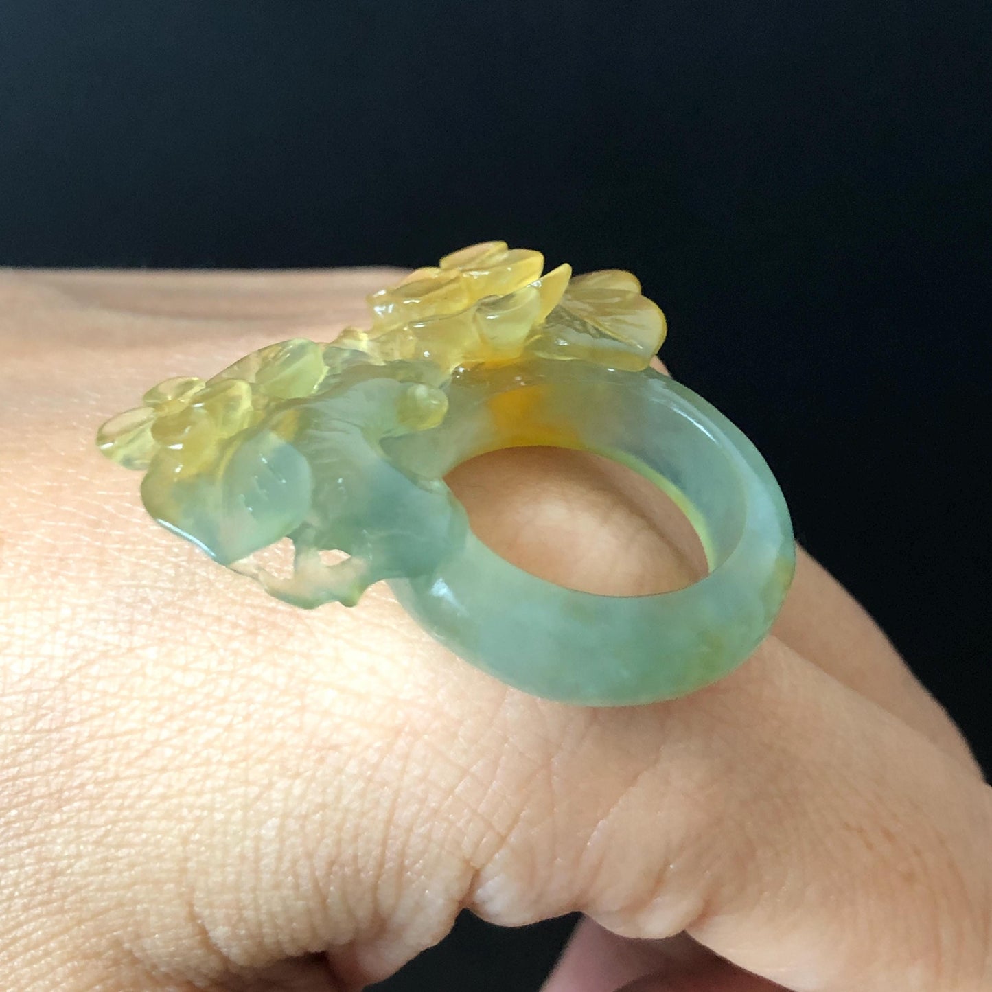 Natural Xiu Jade Serpentine Hand Carved Osmanthus fragrans Flower Ring | 17.2mm (US 7-7.5) | Icy Green Yellow Jade | 3D Gemstone Ring Gift for her yellow jade green jade carving hand carved flower ring hand engraved flower ring icy jade natural untreated jade 3D carving chinese jade ring