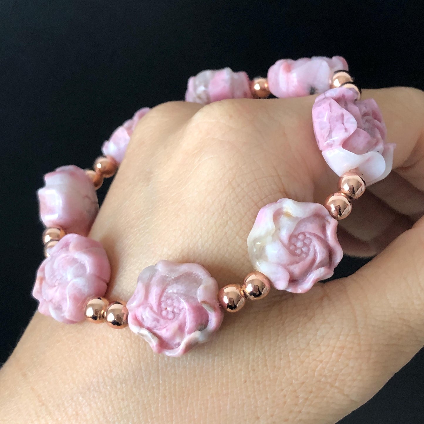 Natural Pink Rhodonite Stone Carved Peony Charm Bracelet | Pink White Crystal | Stretch Elastic Bracelet | Love Stone Gemstone Gift for her, love crystal healing stone heart chakra crystal meditation gemstone flower carving pink crystal pink stone bracelet diy tailor made bracelet rhodonite charm bracelet