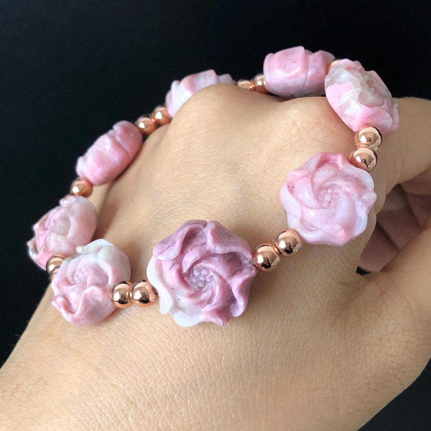 Natural Pink Rhodonite Stone Carved Peony Charm Bracelet | Pink White Crystal | Stretch Elastic Bracelet | Love Stone Gemstone Gift for her, love crystal healing stone heart chakra crystal meditation gemstone flower carving pink crystal pink stone bracelet diy tailor made bracelet rhodonite charm bracelet