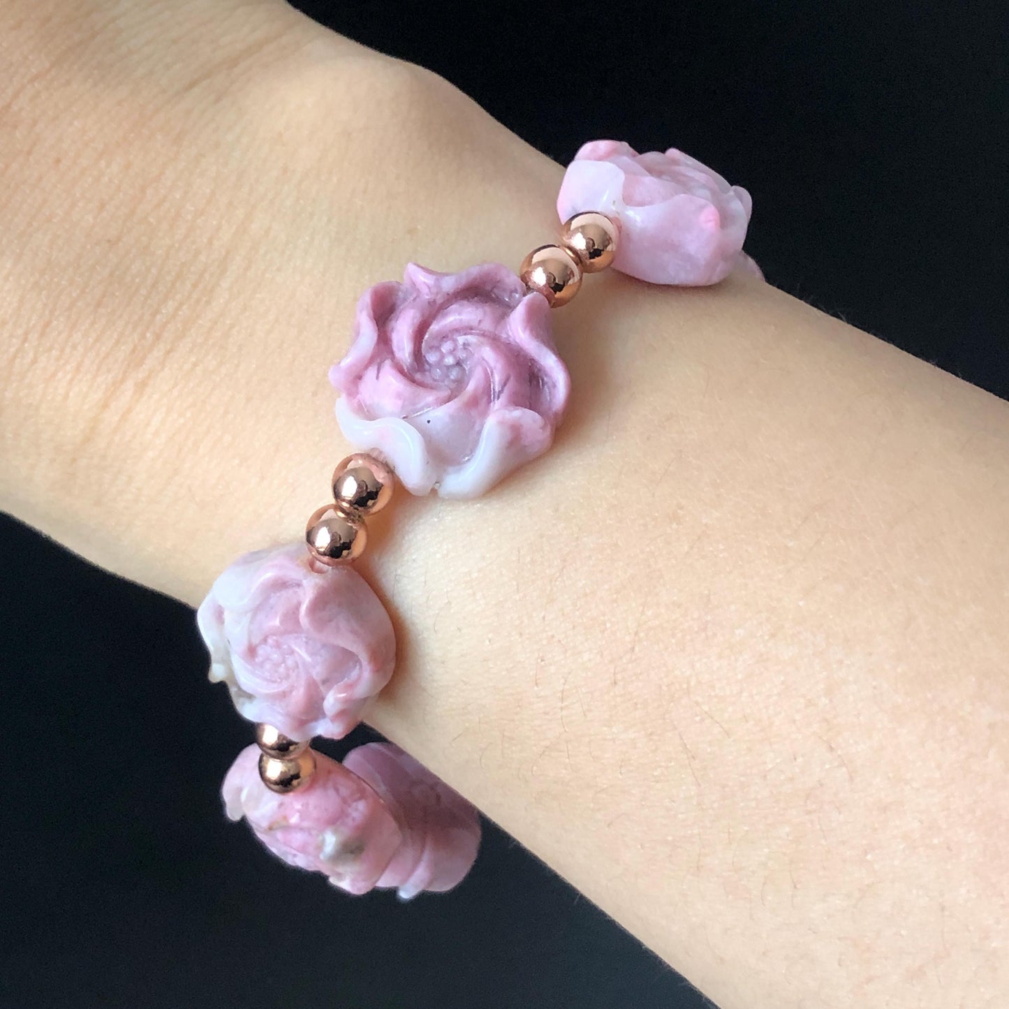 Natural Pink Rhodonite Stone Carved Peony Charm Bracelet | Pink White Crystal | Stretch Elastic Bracelet | Love Stone Gemstone Gift for her, love crystal healing stone heart chakra crystal meditation gemstone flower carving pink crystal pink stone bracelet diy tailor made bracelet rhodonite charm bracelet