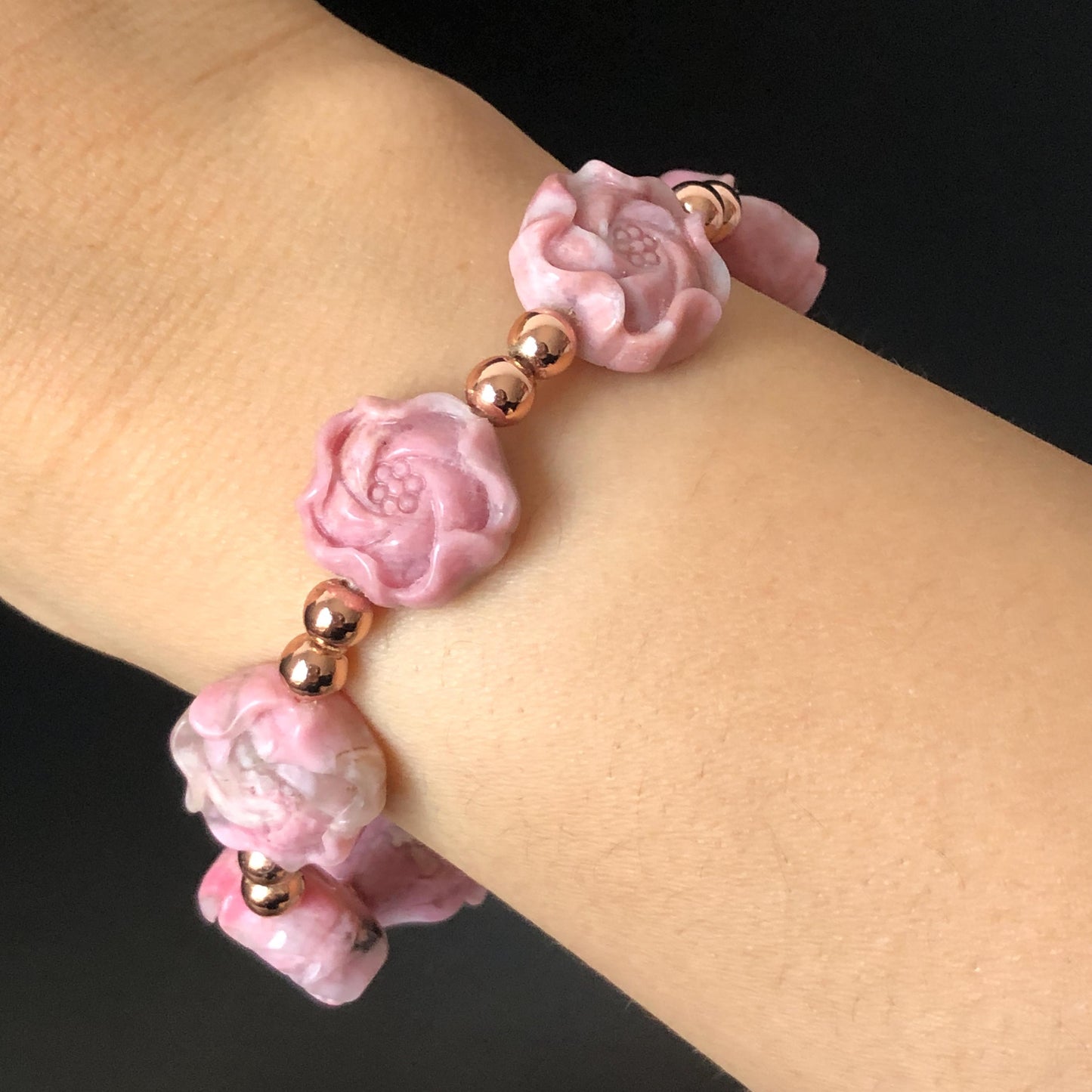 Natural Pink Rhodonite Stone Carved Peony Charm Bracelet | Pink White Crystal | Stretch Elastic Bracelet | Love Stone Gemstone Gift for her, love crystal healing stone heart chakra crystal meditation gemstone flower carving pink crystal pink stone bracelet diy tailor made bracelet rhodonite charm bracelet