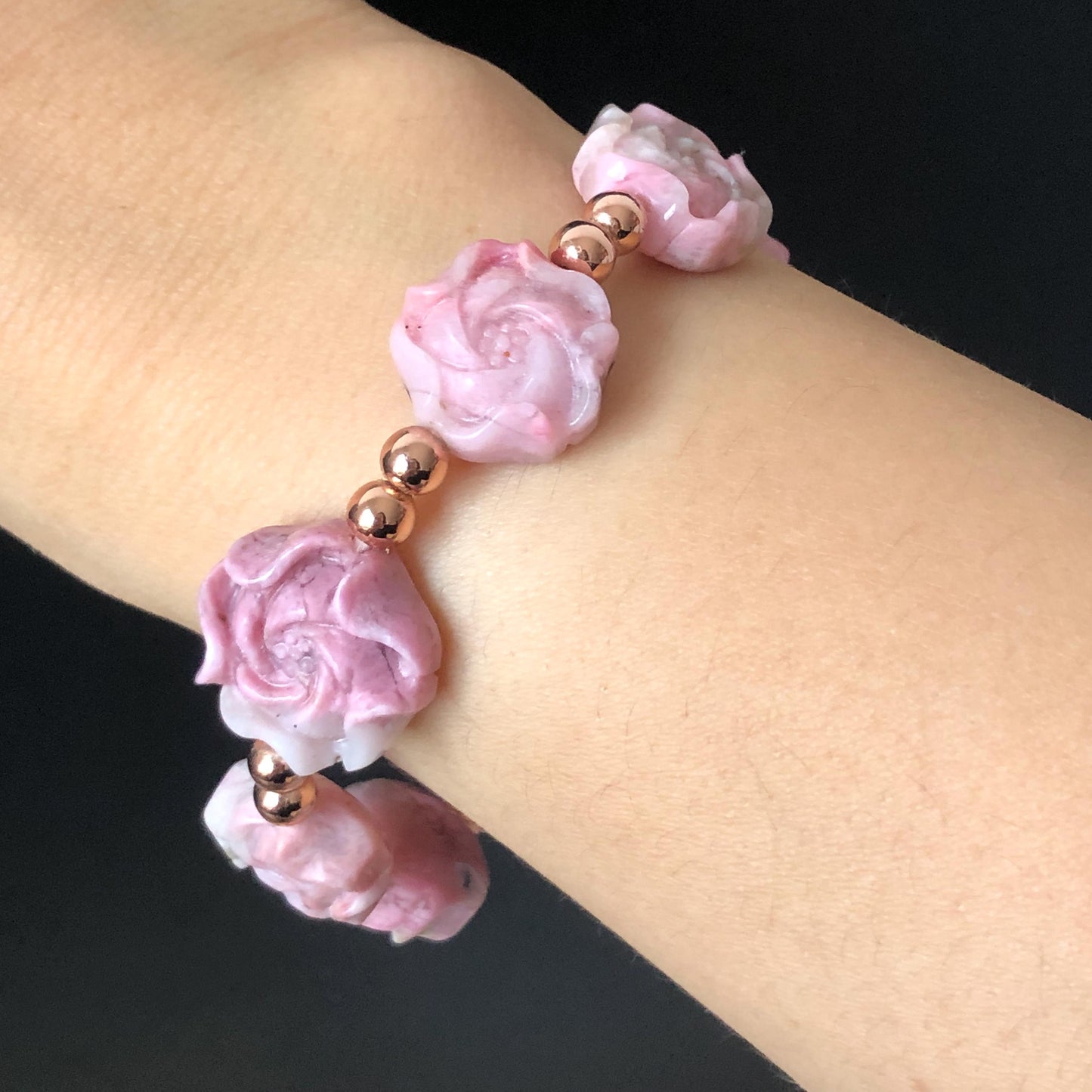 Natural Pink Rhodonite Stone Carved Peony Charm Bracelet | Pink White Crystal | Stretch Elastic Bracelet | Love Stone Gemstone Gift for her, love crystal healing stone heart chakra crystal meditation gemstone flower carving pink crystal pink stone bracelet diy tailor made bracelet rhodonite charm bracelet