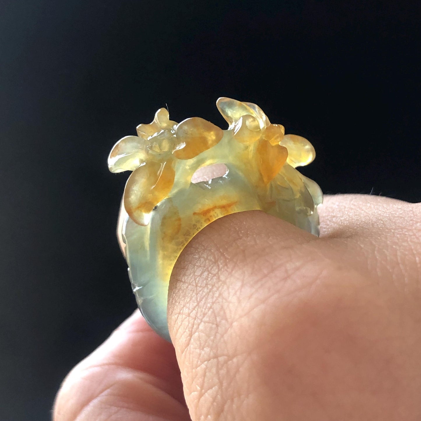 Natural Xiu Jade Serpentine Hand Carved Osmanthus fragrans Flower Ring | 17.3mm (US 7-7.5) | Green & Yellow | Crystal Stone Gemstone Ring Gift for her yellow jade green jade carving flower carving chinese jade stackable ring hand carved jade ring hand engraved flower jade ring icy jade ring for women