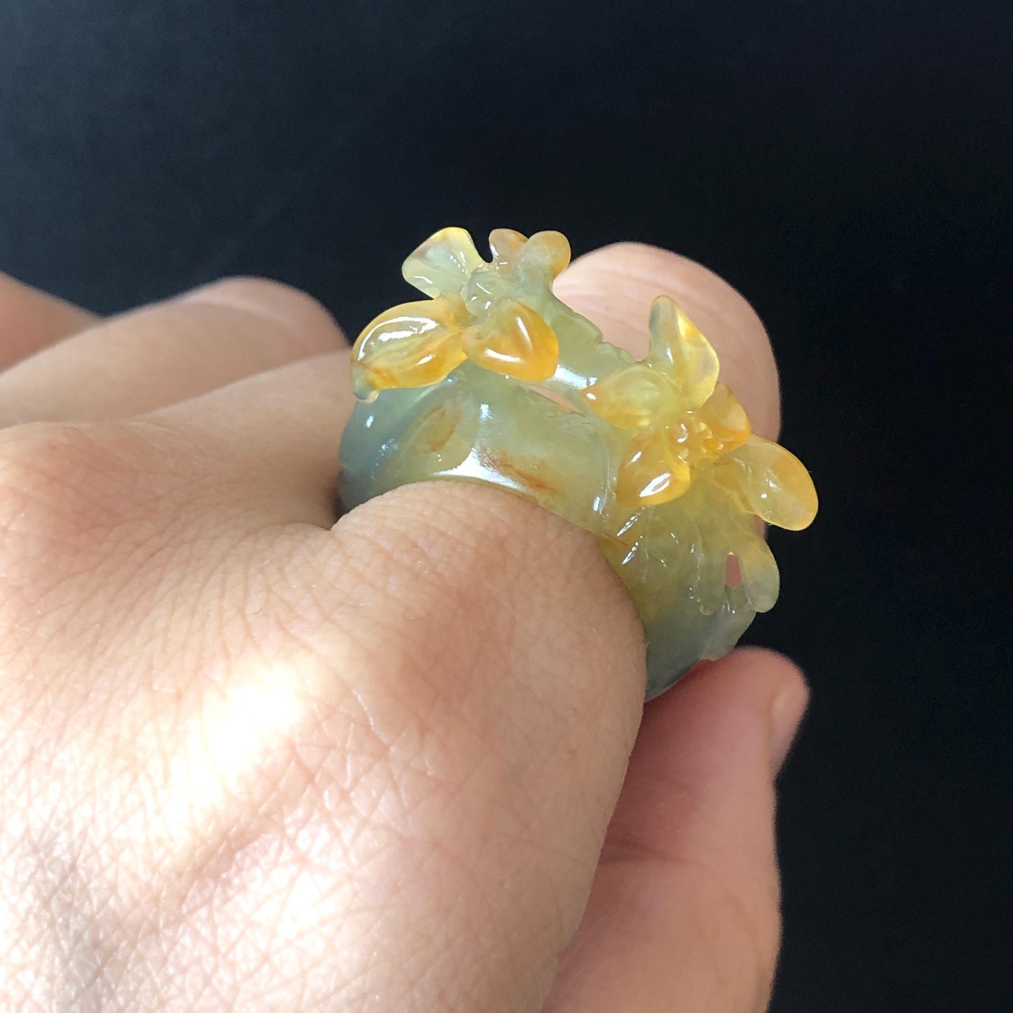 Natural Xiu Jade Serpentine Hand Carved Osmanthus fragrans Flower Ring | 17.3mm (US 7-7.5) | Green & Yellow | Crystal Stone Gemstone Ring Gift for her yellow jade green jade carving flower carving chinese jade stackable ring hand carved jade ring hand engraved flower jade ring icy jade ring for women