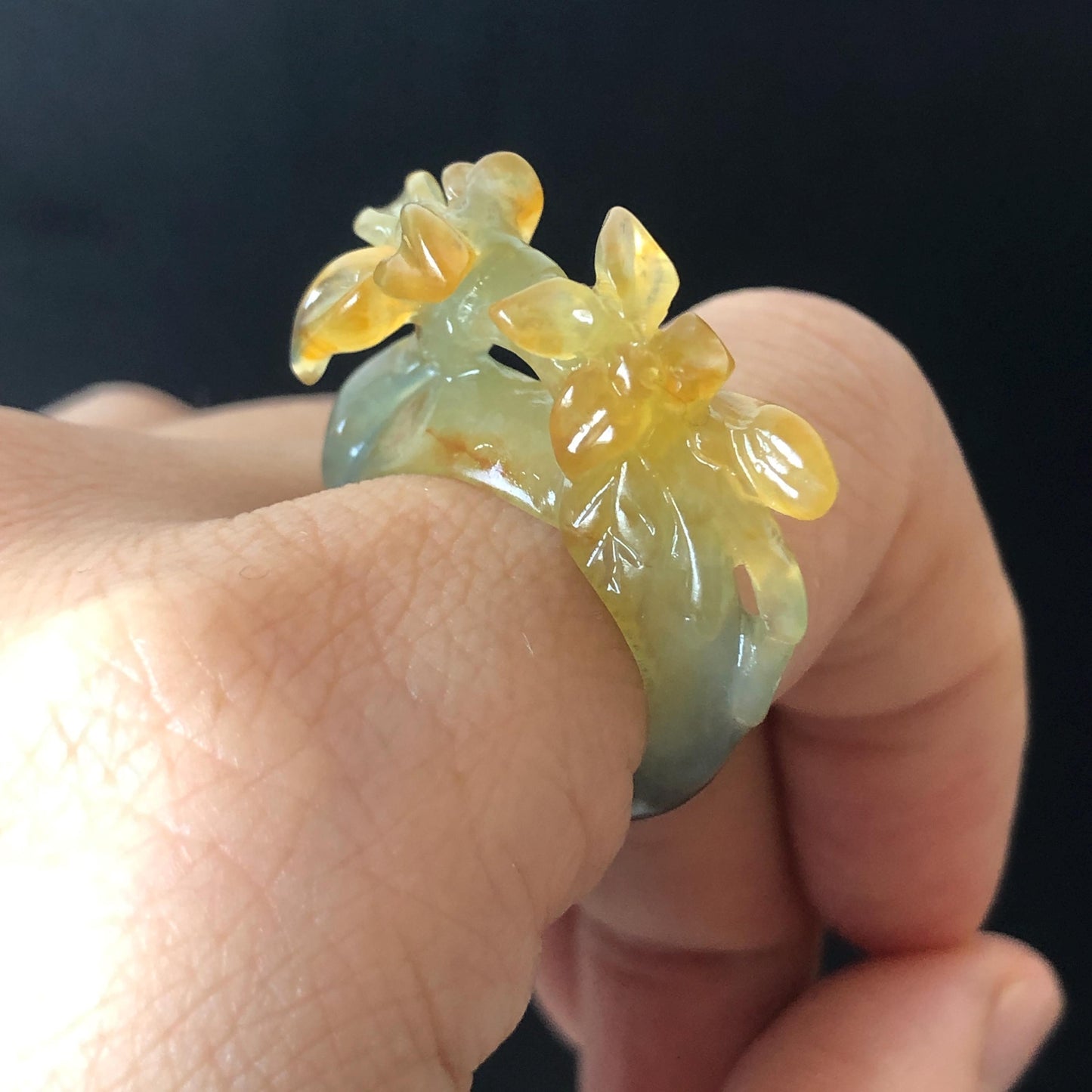 Natural Xiu Jade Serpentine Hand Carved Osmanthus fragrans Flower Ring | 17.3mm (US 7-7.5) | Green & Yellow | Crystal Stone Gemstone Ring Gift for her yellow jade green jade carving flower carving chinese jade stackable ring hand carved jade ring hand engraved flower jade ring icy jade ring for women