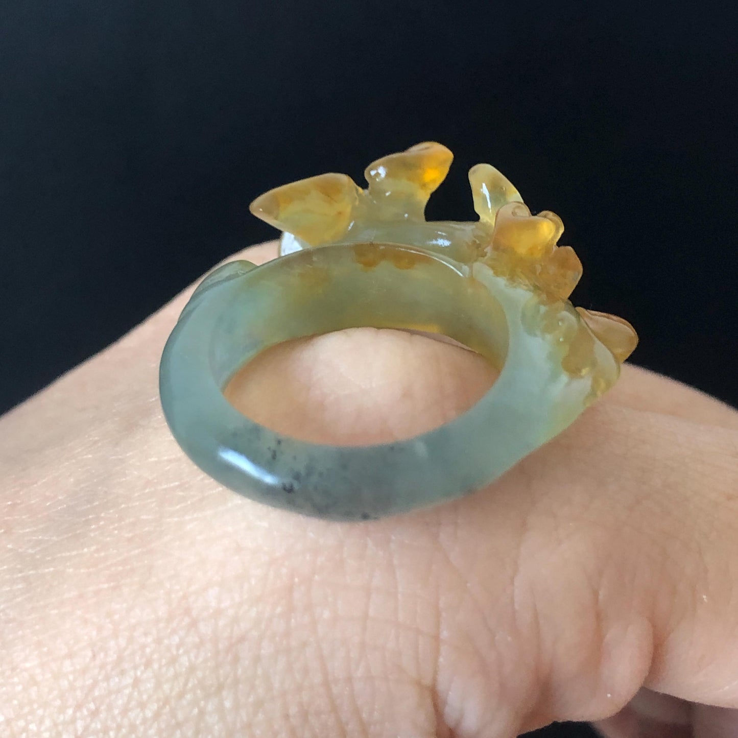 Natural Xiu Jade Serpentine Hand Carved Osmanthus fragrans Flower Ring | 17.3mm (US 7-7.5) | Green & Yellow | Crystal Stone Gemstone Ring Gift for her yellow jade green jade carving flower carving chinese jade stackable ring hand carved jade ring hand engraved flower jade ring icy jade ring for women