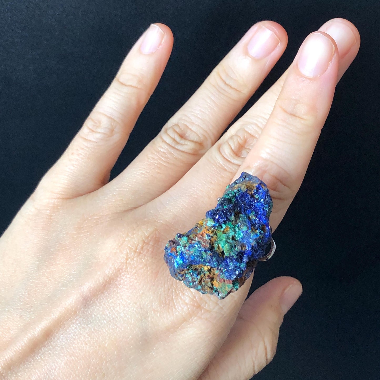 Raw Azurite Malachite Ring | Raw Minerals Stone Ring | Sparkling Blue | Adjustable Statement Band Ring | Third Eye Chakra | Silver-plated copper ring, irregular chunky big crystal ring large stone ring huge statement ring large cocktail ring raw stone ring blue crystal ring green crystal ring gift for her