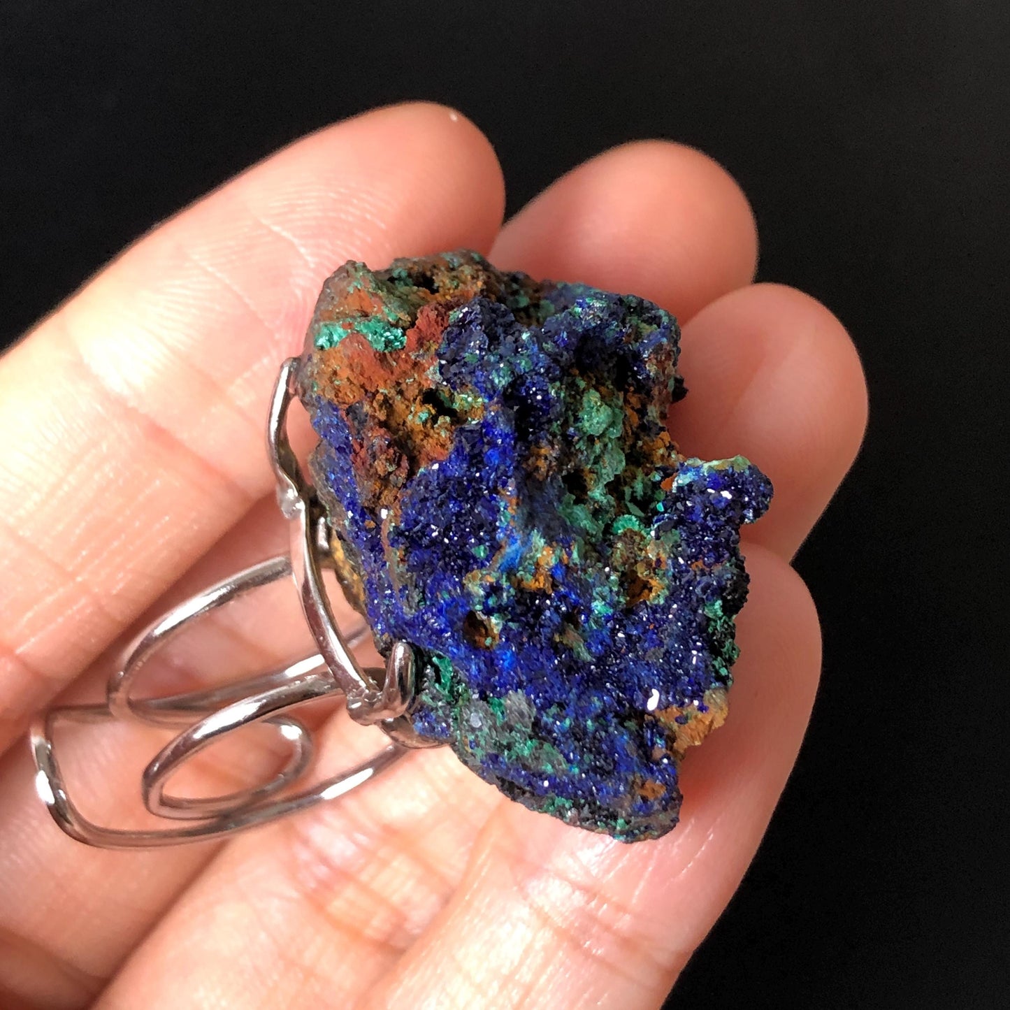 Raw Azurite Malachite Ring | Raw Minerals Stone Ring | Sparkling Blue | Adjustable Statement Band Ring | Third Eye Chakra | Silver-plated copper ring, irregular chunky big crystal ring large stone ring huge statement ring large cocktail ring raw stone ring blue crystal ring green crystal ring gift for her