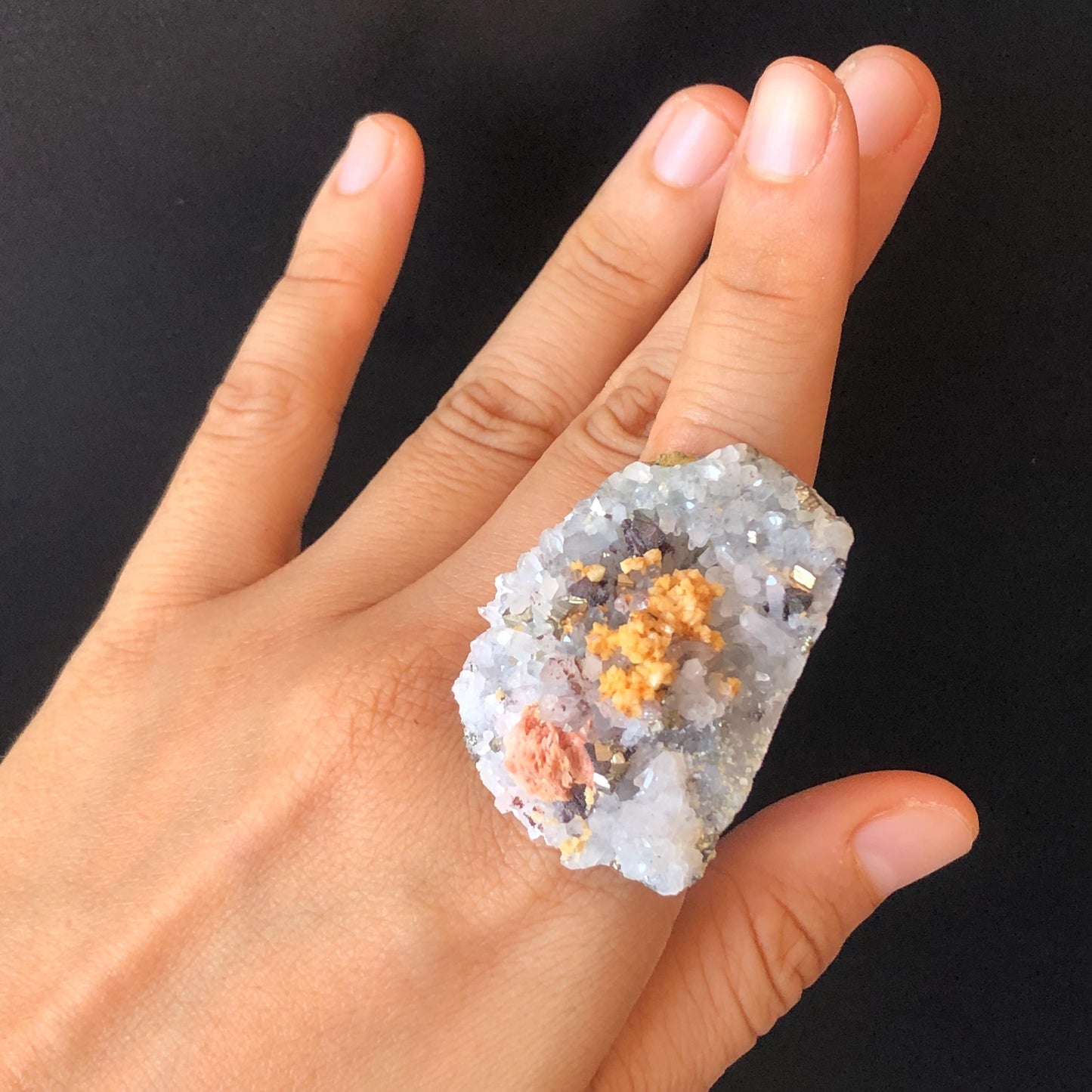 Raw Pyrite Dolomite Barite Ring, Big Stone Rough Large Crystal Adjustable Statement Band Ring, Irregular Chunky Minerals Specimen Ring Gift for her, raw stone ring raw minerals ring minerals specimen ring pink crystal yellow stone silver gemstone ring statement ring for men Huge Crystal Ring large stone ring big gemstone ring silver plated copper ring birthstone ring