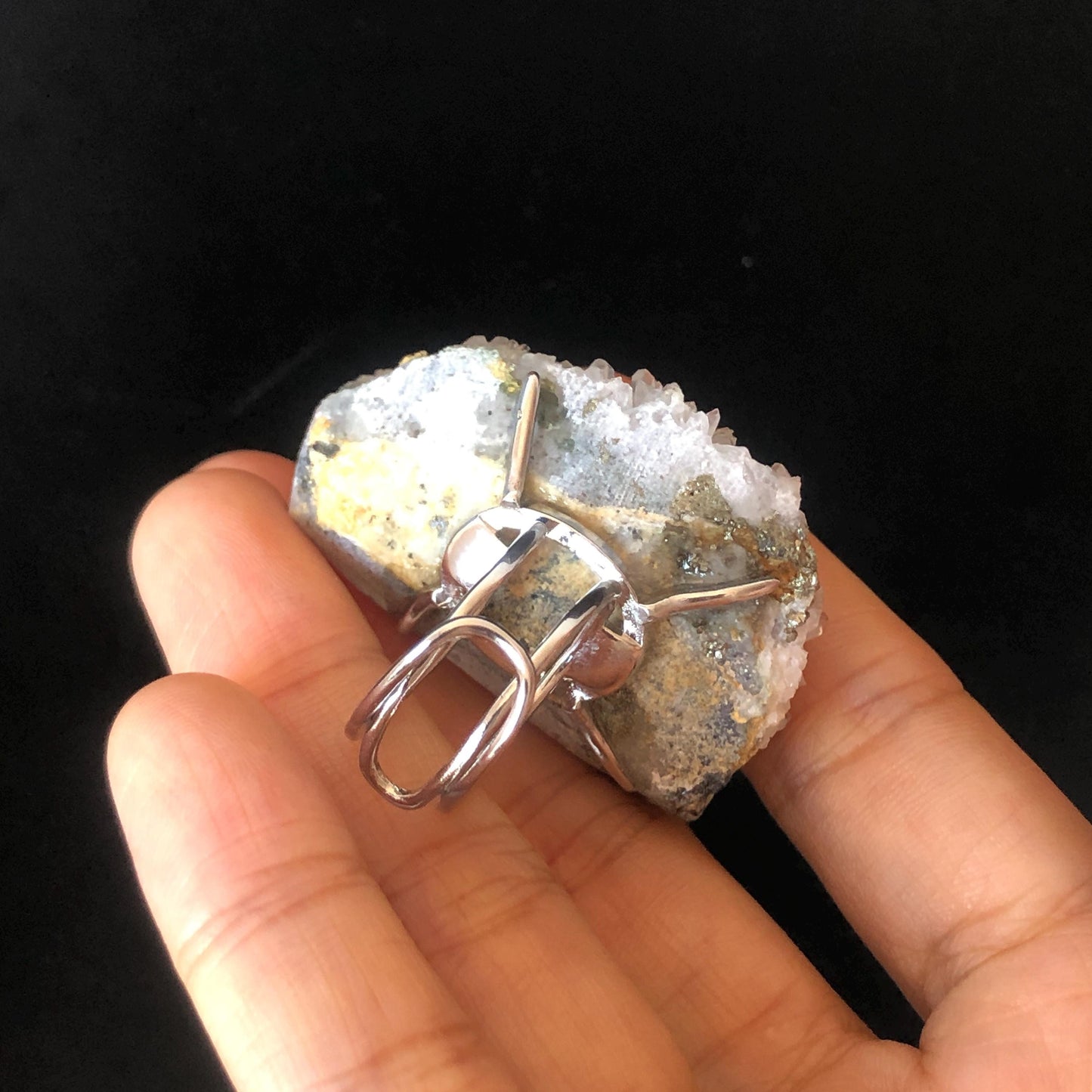 Raw Pyrite Dolomite Barite Ring, Big Stone Rough Large Crystal Adjustable Statement Band Ring, Irregular Chunky Minerals Specimen Ring Gift for her, raw stone ring raw minerals ring minerals specimen ring pink crystal yellow stone silver gemstone ring statement ring for men Huge Crystal Ring large stone ring big gemstone ring silver plated copper ring birthstone ring