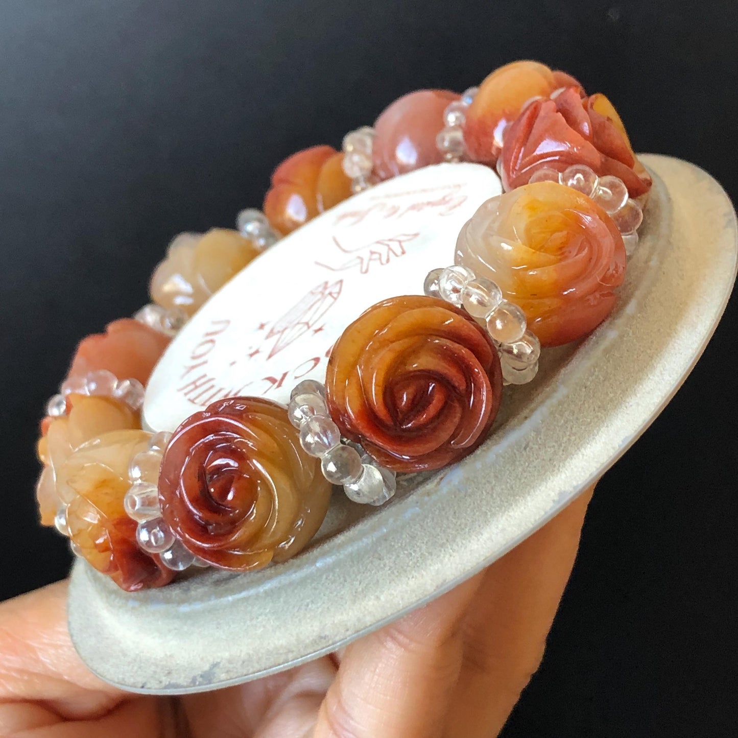 Natural SheTaiCui Jade Quartzite Hand Carved Tri-colour Rose Big Bead Elastic Bracelet | Red Yellow White Jade Charms | Personalization Gift for her, elastic stretch bracelet, huge bead bracelet, jade bead bracelet, red jade white jade yellow jade Multicolour jade chinese jade tailor made bracelet personalized bracelet rose charm hand carved bead bracelet hand engraved jade bracelet hand carved rose bracelet rose carving flower carving hand engraved rose bead