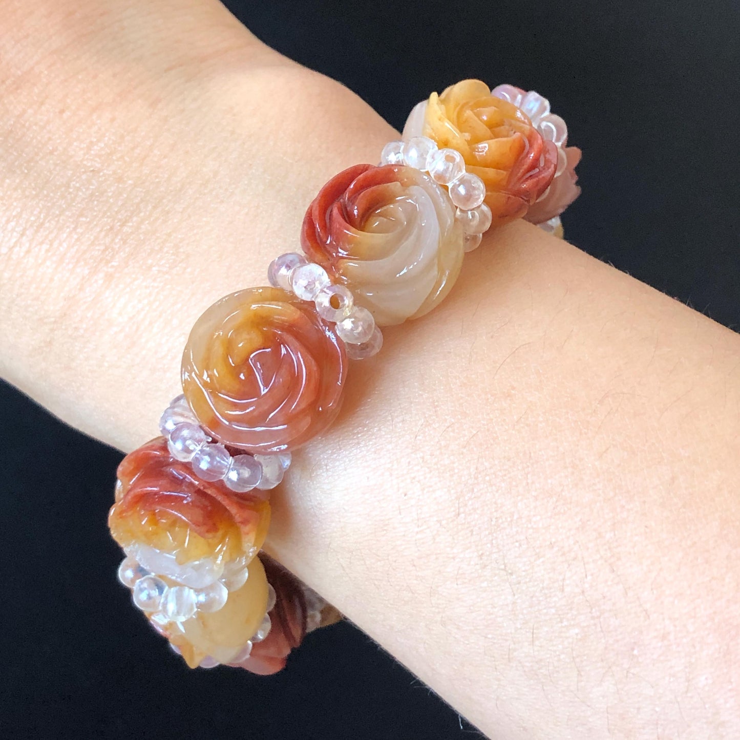 Natural SheTaiCui Jade Quartzite Hand Carved Tri-colour Rose Big Bead Elastic Bracelet | Red Yellow White Jade Charms | Personalization Gift for her, elastic stretch bracelet, huge bead bracelet, jade bead bracelet, red jade white jade yellow jade Multicolour jade chinese jade tailor made bracelet personalized bracelet rose charm hand carved bead bracelet hand engraved jade bracelet hand carved rose bracelet rose carving flower carving hand engraved rose bead