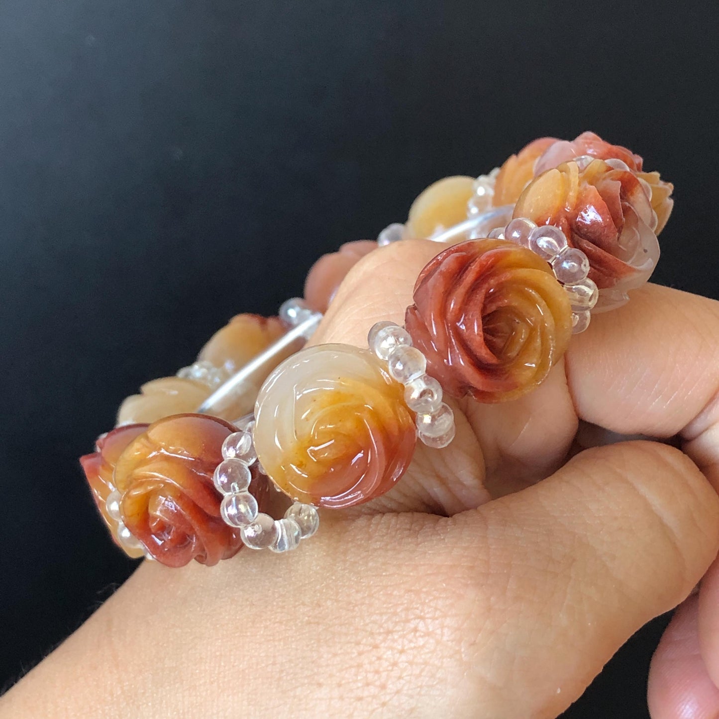 Natural SheTaiCui Jade Quartzite Hand Carved Tri-colour Rose Big Bead Elastic Bracelet | Red Yellow White Jade Charms | Personalization Gift for her, elastic stretch bracelet, huge bead bracelet, jade bead bracelet, red jade white jade yellow jade Multicolour jade chinese jade tailor made bracelet personalized bracelet rose charm hand carved bead bracelet hand engraved jade bracelet hand carved rose bracelet rose carving flower carving hand engraved rose bead