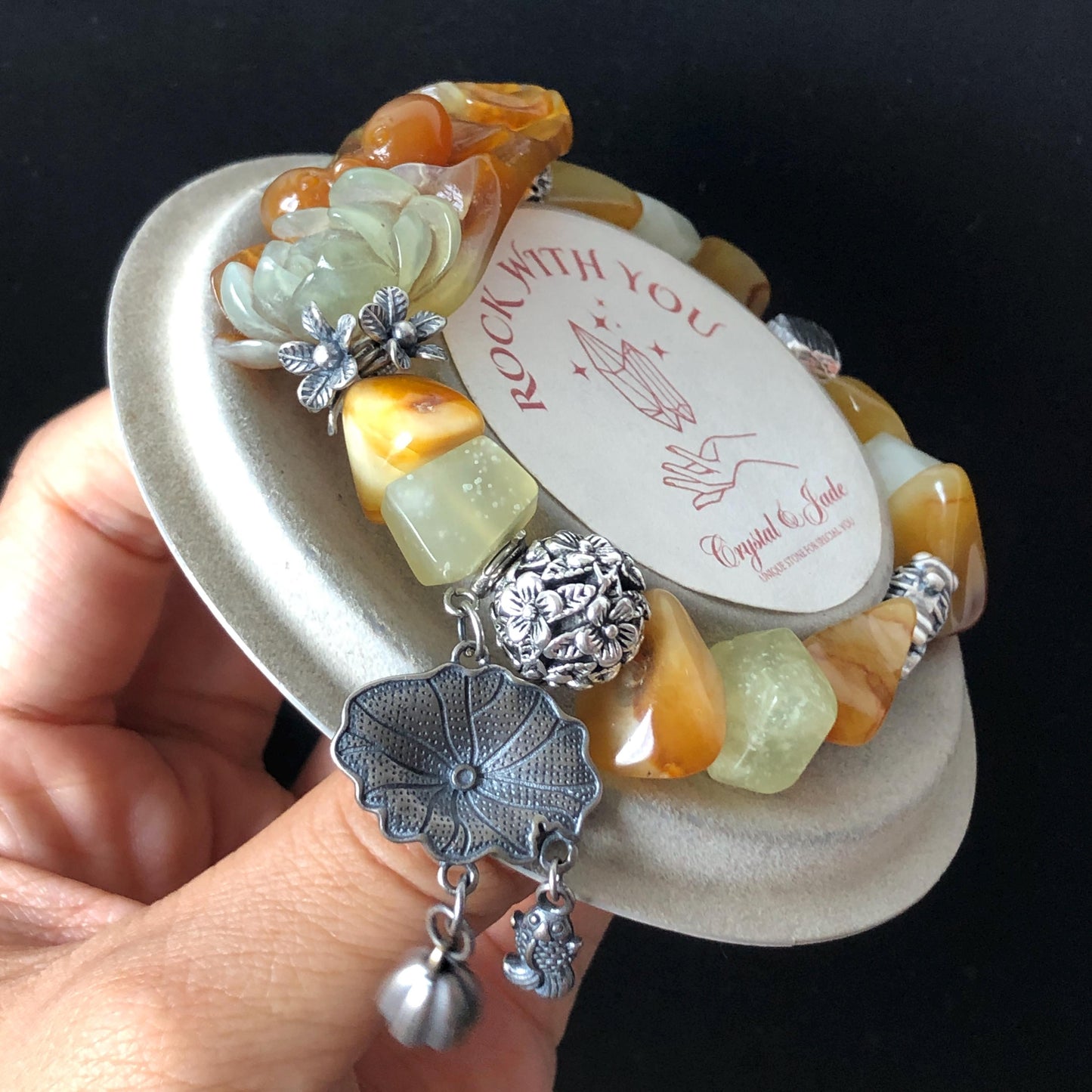 Xiu Jade Serpentine Carved Goldfish Lotus Charm with Irregular Bead Bracelet | Orange Jade | 925 Sterling Silver & Vintage Tibetan Silver accessory hand carved jade carving hand engraved jade bracelet elastic bracelet orange jade bracelet carved goldfish carving engraved lotus carving gift for her duy bracelet natural jade untreated jade dangle bracelet charm bracelet gift for her